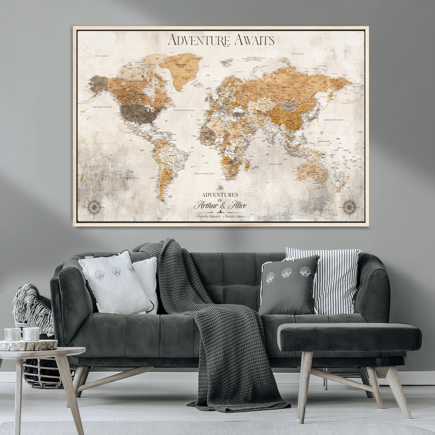 99422096-MGV-CV-36X24-Adventure Awaits World Map Wall Art – Neutral Beige Canvas Print, Modern Travel Inspired Wall Decor for Living Room, Bedroom or