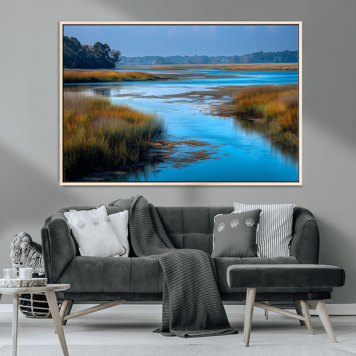 26300004-MGV-CV-36X24-Marshland Landscape Wall Art – Scenic Nature Canvas Print with Golden Grass and Blue Water, Peaceful River Photography for Living