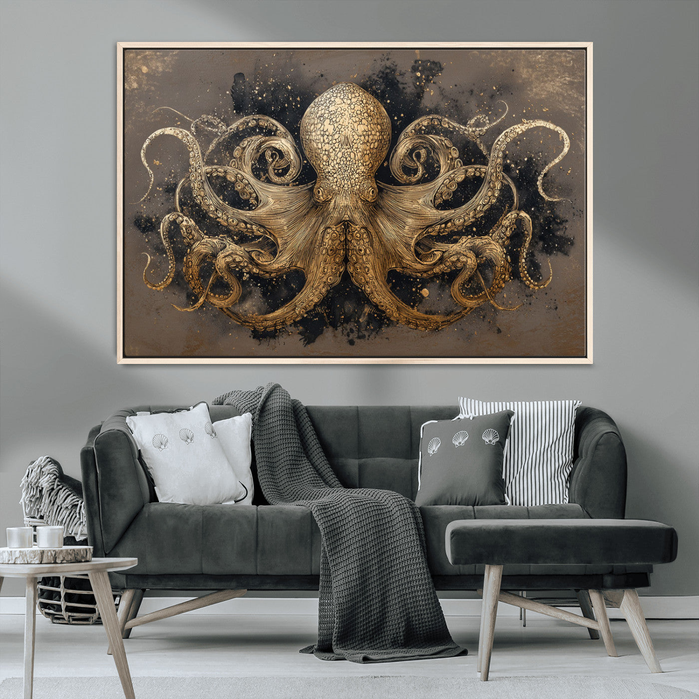 21717515-MGV-CV-36X24-Octopus Canvas Wall Art – Marine Illustration, Detailed Tentacles, Oceanic Creature, Nautical Decor, Vintage Style Sea Life for