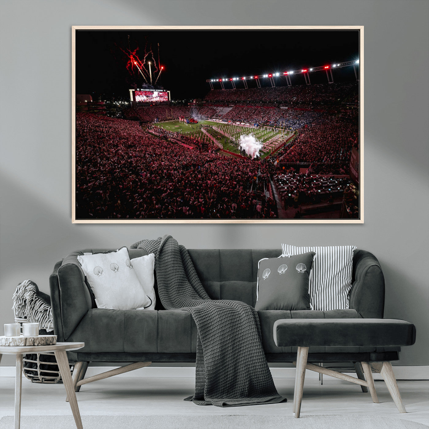 60690191-MGV-CV-36X24-Stadium Wall Art – Night Game Football Canvas Print with Fireworks, Marching Band and Crowd, Panoramic Sports Photography for Man