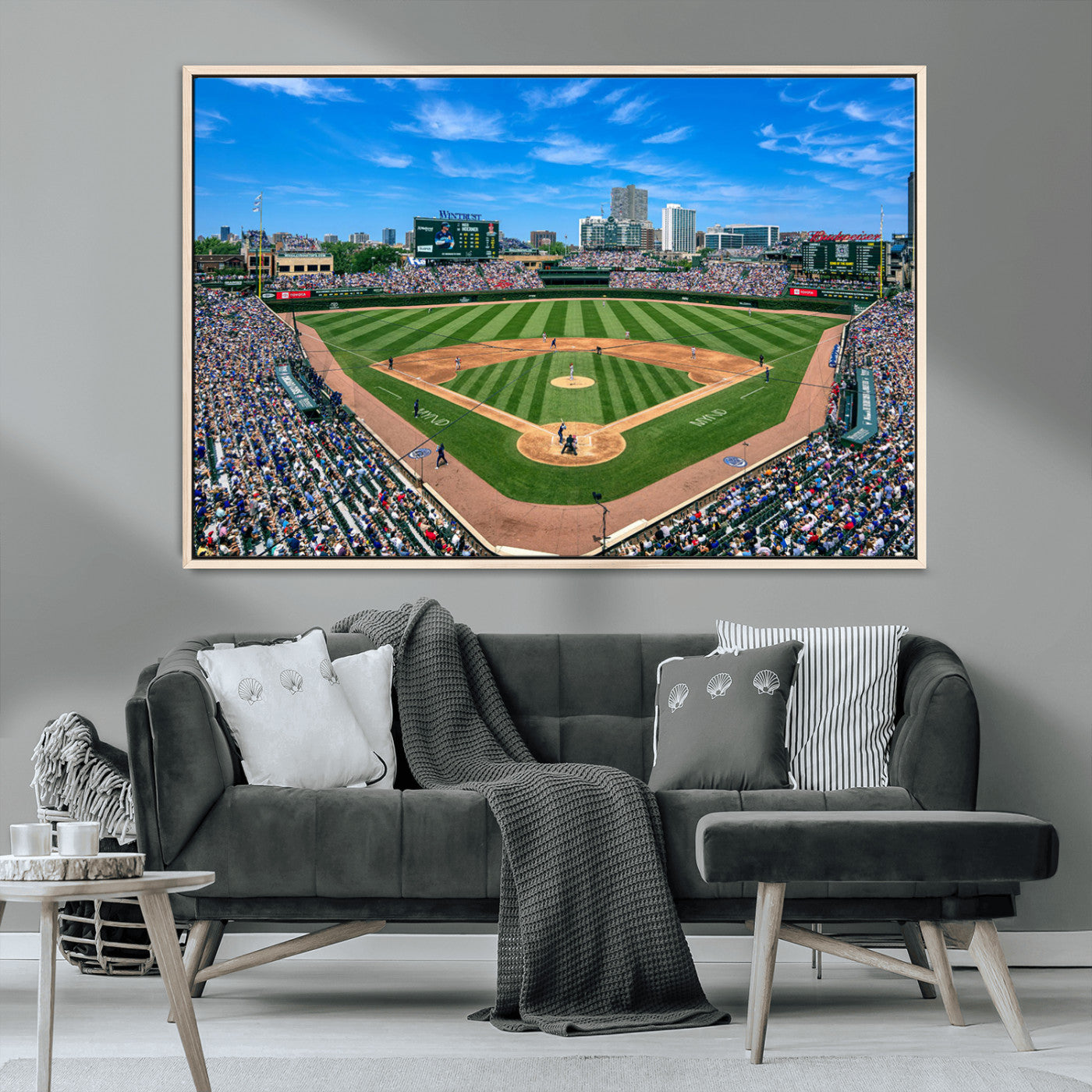 56213978-MGV-CV-36X24-Baseball Stadium Wall Art – Panoramic Ballpark Canvas Print with Fans, Green Field and City Skyline, Classic Sports Photography