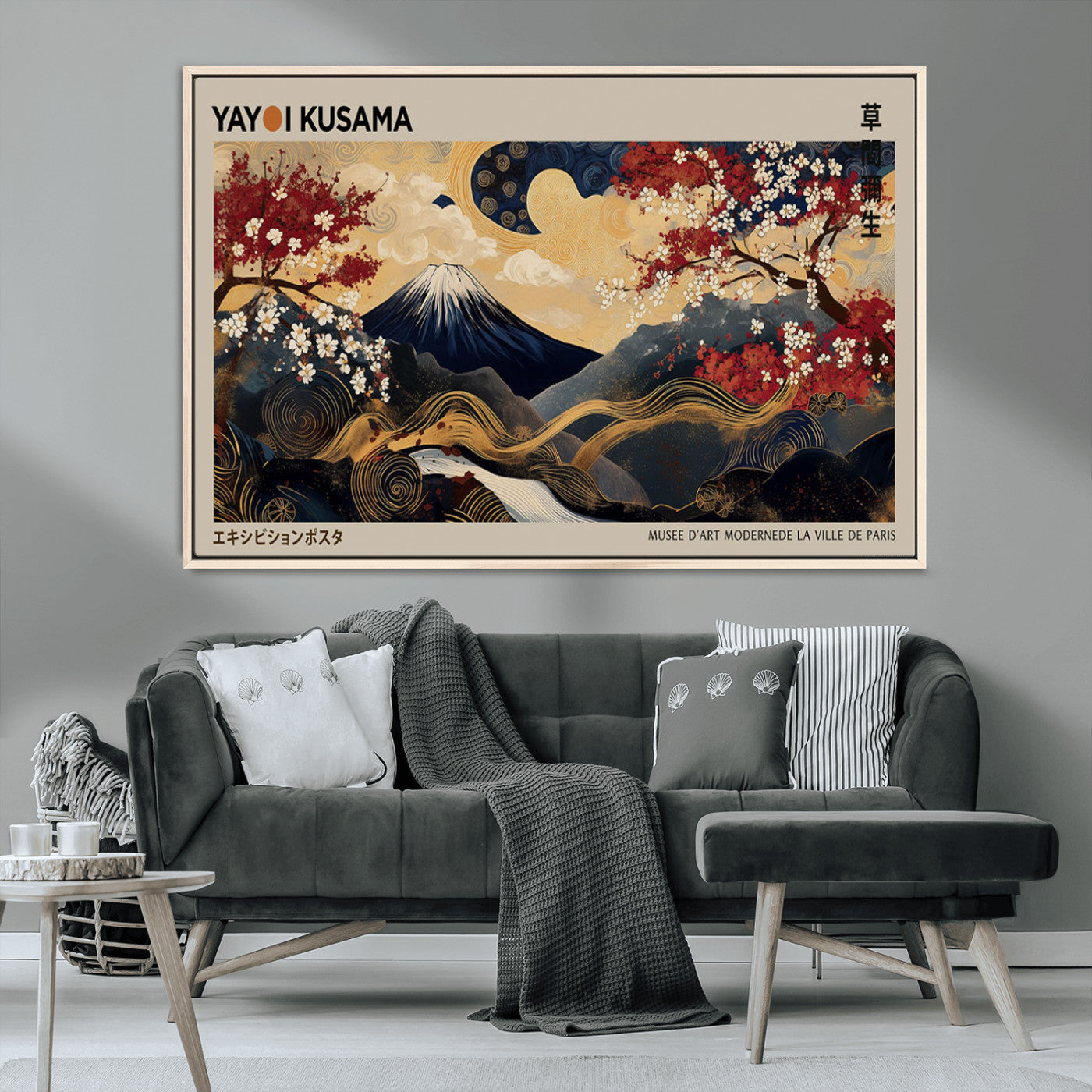 66892669-MGV-CV-36X24-Japanese Landscape Wall Art – Mount Fuji Canvas Print with Cherry Blossoms and Golden Waves, Traditional Asian Inspired Artwork