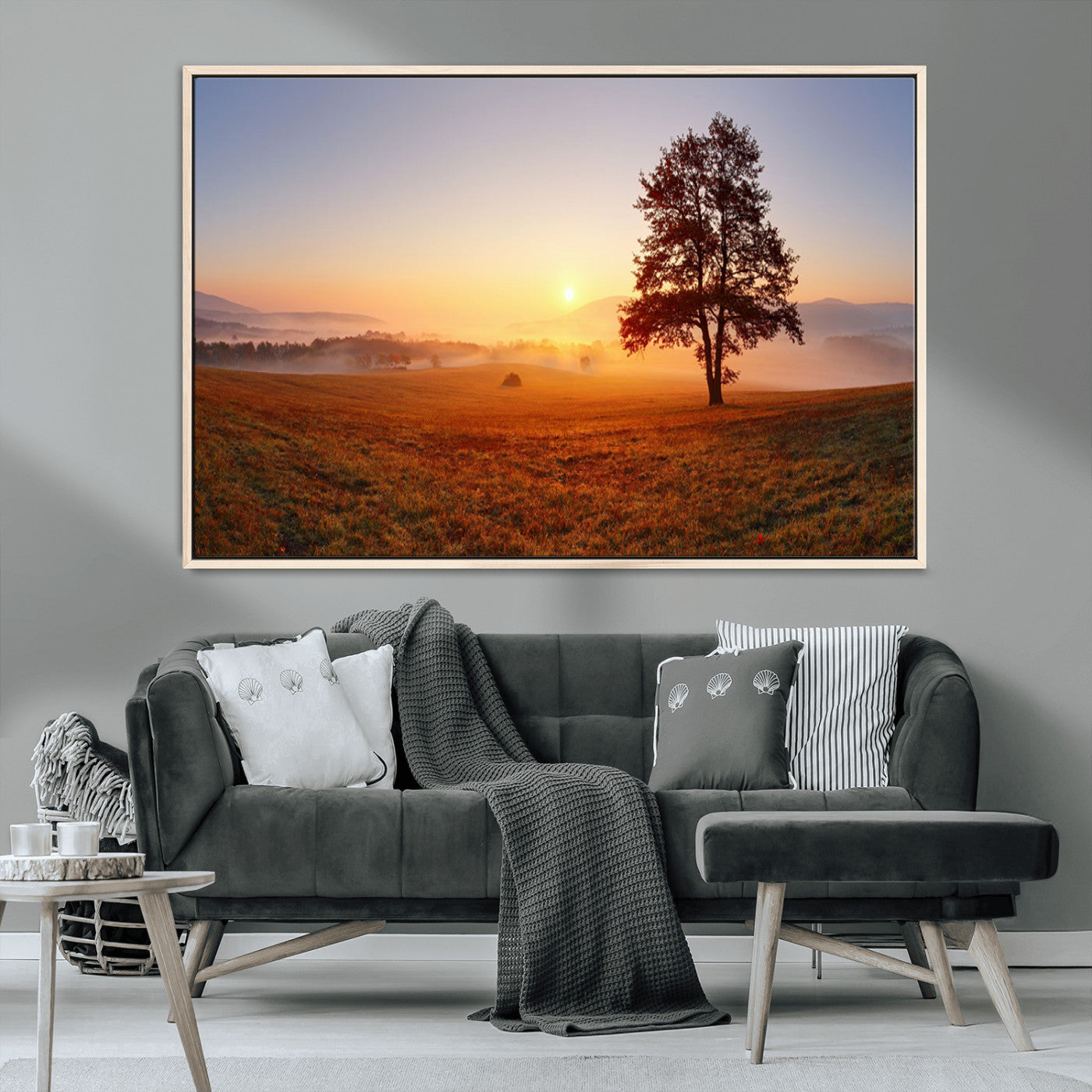 57919623-MGV-CV-36X24-Golden Sunrise Landscape Canvas Wall Art - Framed Misty Field Print, Large Nature Canvas for Living Room, Office, or Home Decor