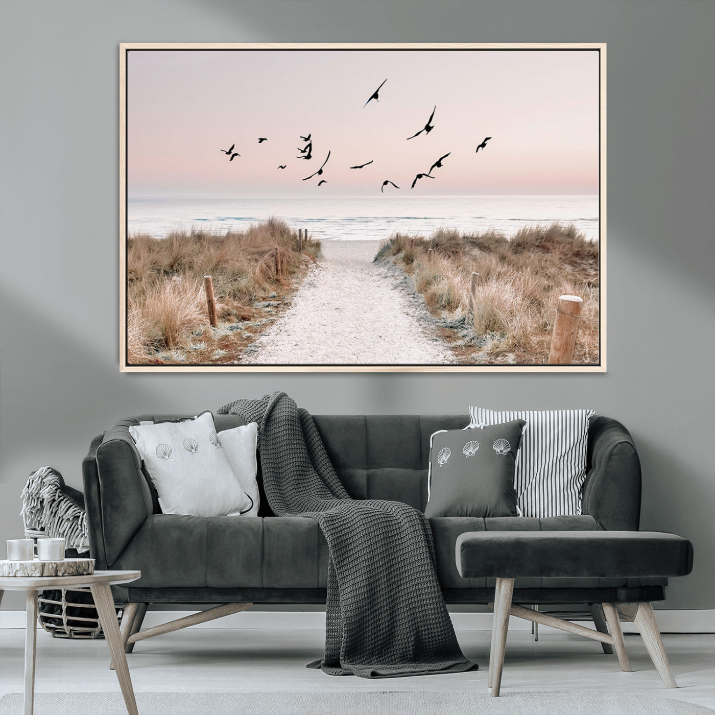 34632598-MGV-CV-36X24-Beach Pathway Wall Art – Coastal Canvas Print with Sandy Trail, Flying Birds and Pastel Sky, Serene Ocean Landscape Photography