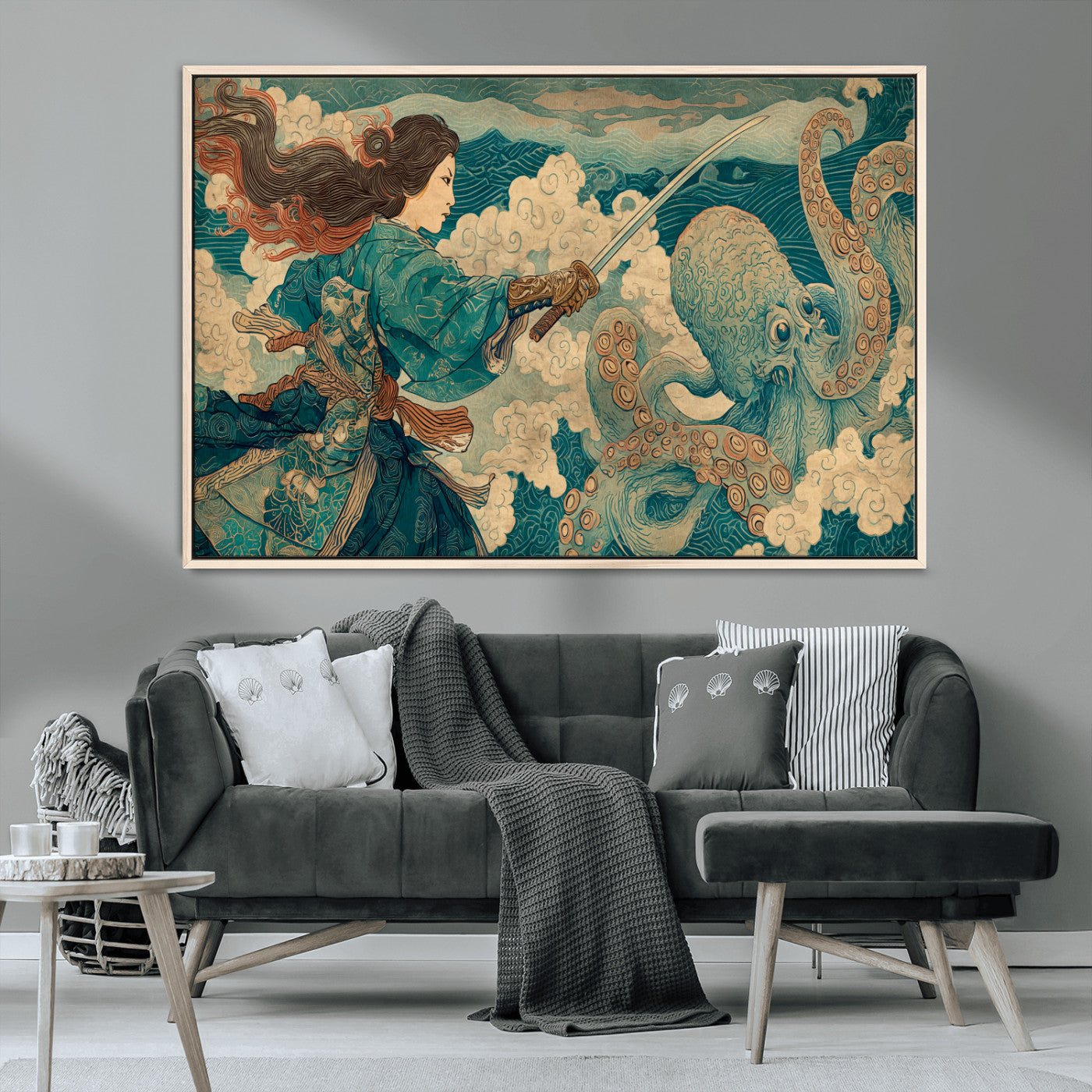 37943964-MGV-CV-36X24-Samurai Warrior vs Octopus Wall Art – Japanese Ukiyo-e Style Canvas Print, Ocean Battle Scene Artwork for Living Room, Office, Man