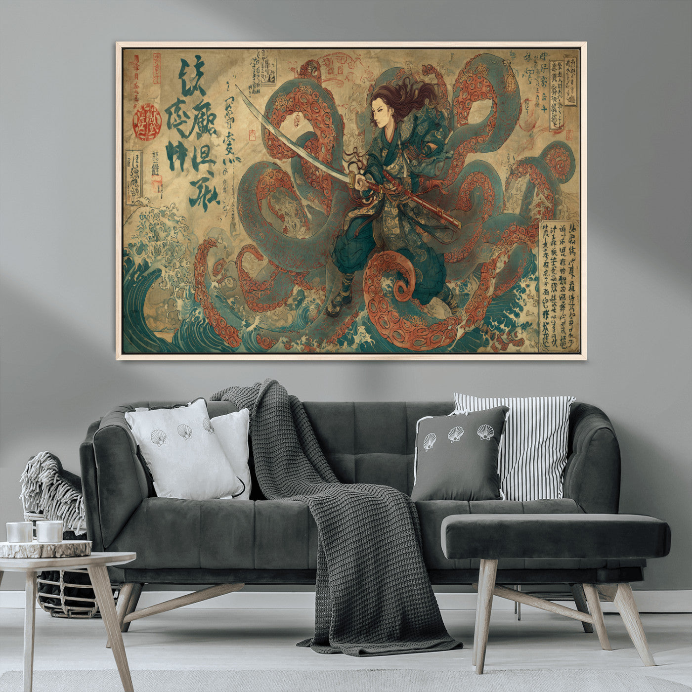 98593115-MGV-CV-36X24-Tsukioka Yoshitoshi Samurai Wall Art Print, Japanese Katana Warrior Canvas Wall Art, Octopus Sea Monster Canvas Print,