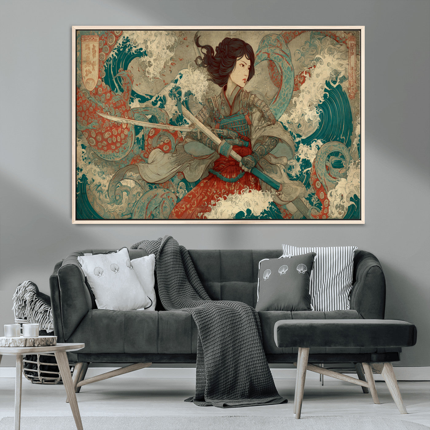 37797255-MGV-CV-36X24-Samurai Woman vs Octopus Wall Art – Japanese Ukiyo-e Red Armor Ocean Battle Canvas Print, Warrior Artwork for Living Room, Office,