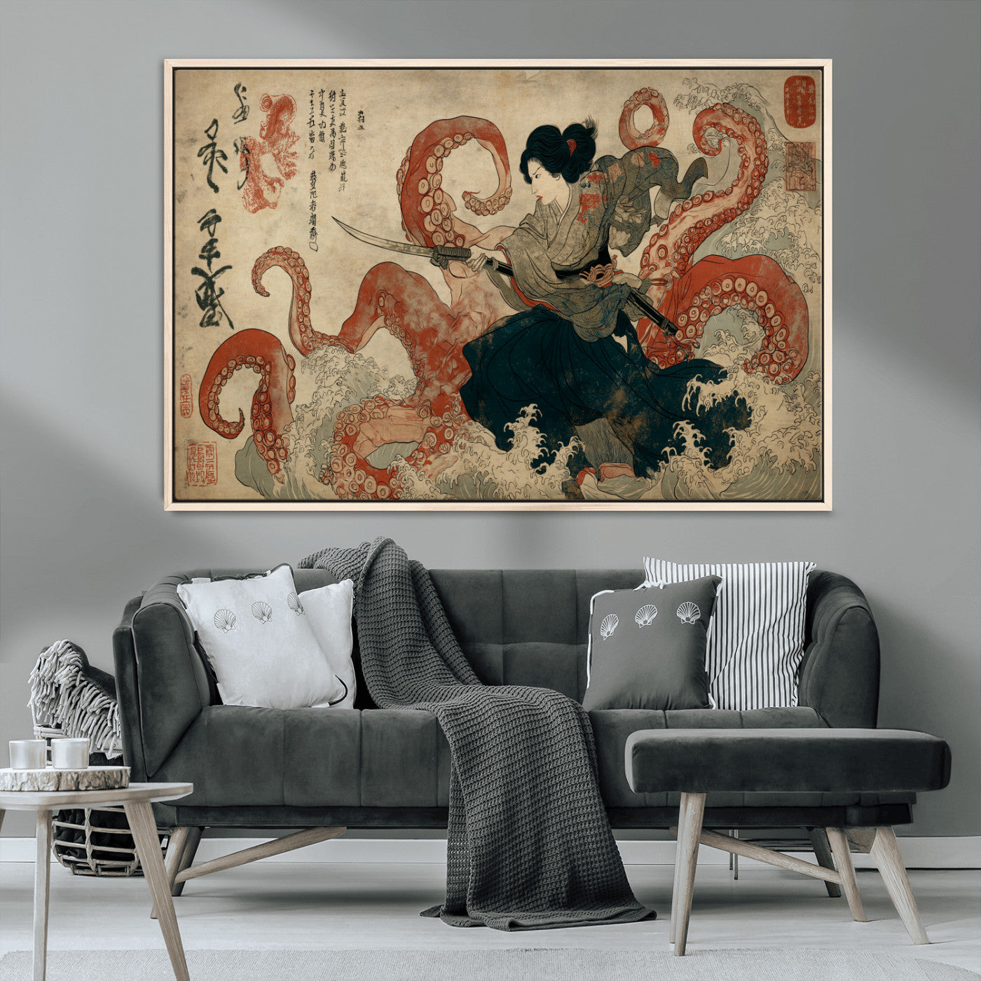 82737246-MGV-CV-36X24-Samurai Woman vs Octopus Wall Art – Japanese Ukiyo-e Dual Sword Canvas Print, Red Tentacle Ocean Battle Artwork for Living Room,