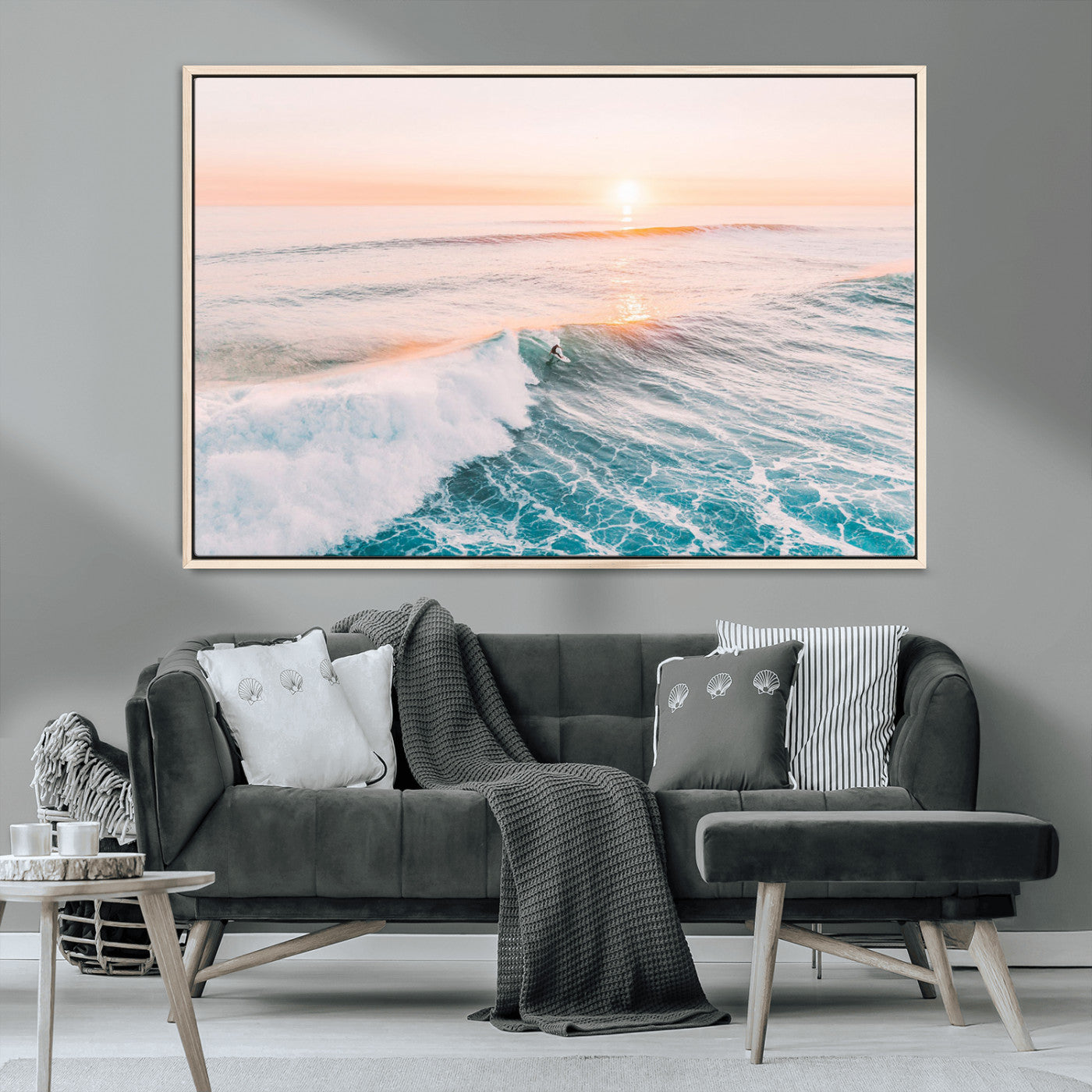 34064591-MGV-CV-36X24-Surfing Wall Art – Sunset Ocean Wave Canvas Print, Surfer Riding Sea Photography Decor for Bedroom, Living Room, Office, Coastal