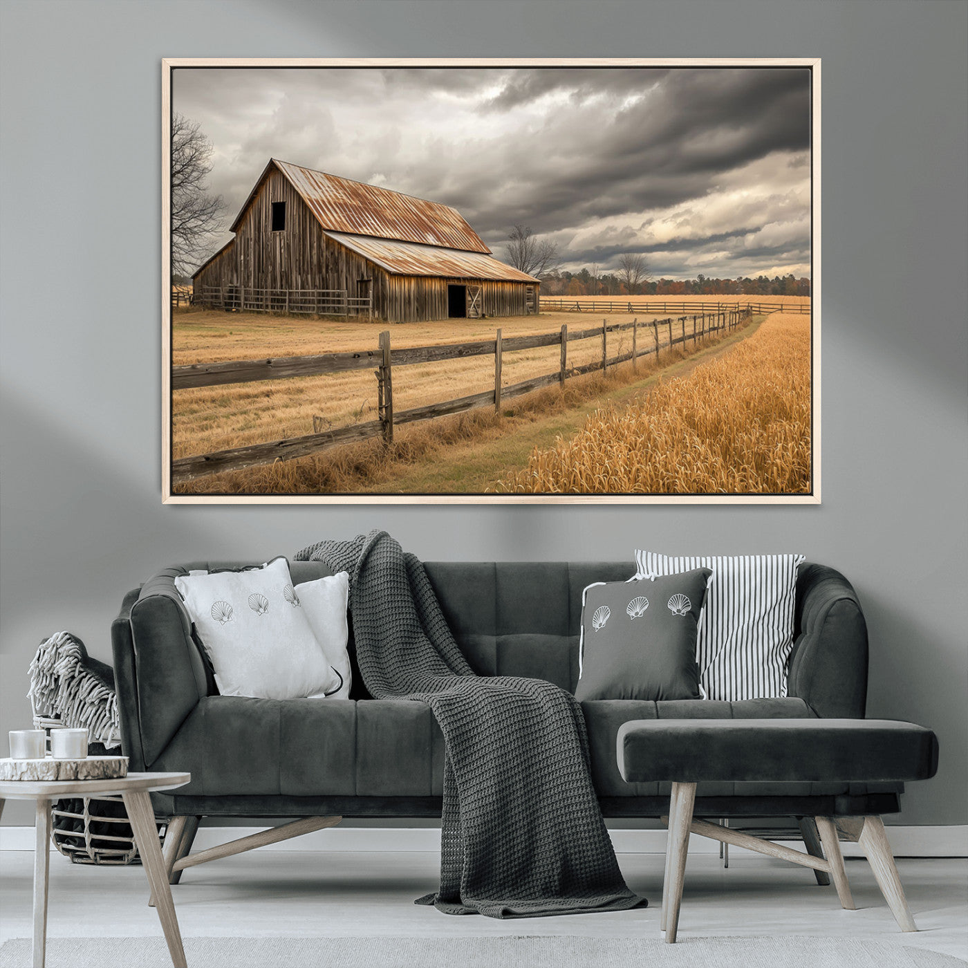 21991117-MGV-CV-36X24-Rustic Barn Wall Art – Weathered Farmhouse Canvas Print, Stormy Sky and Golden Field Photography Decor for Bedroom, Living Room,