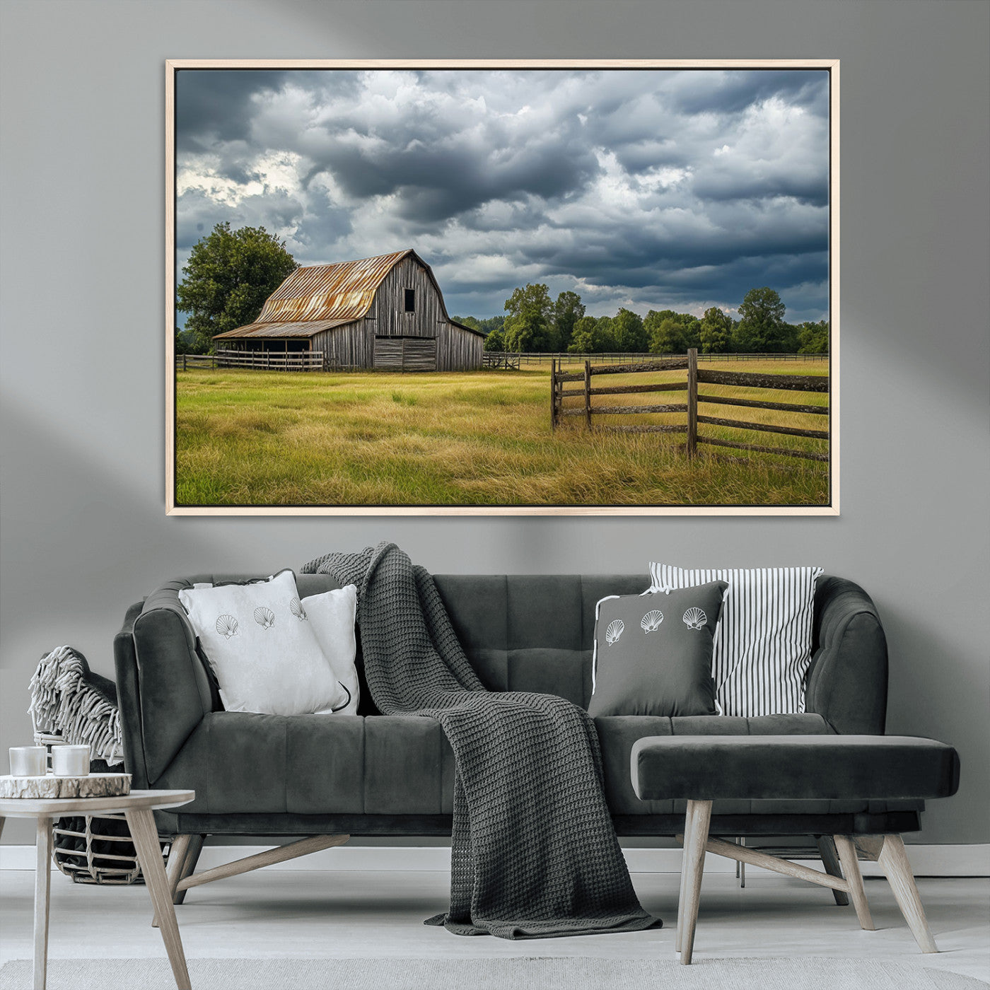 39409517-MGV-CV-36X24-Rustic Barn Wall Art – Weathered Farmhouse and Storm Clouds Canvas Print, Country Landscape Photography Decor for Bedroom, Living