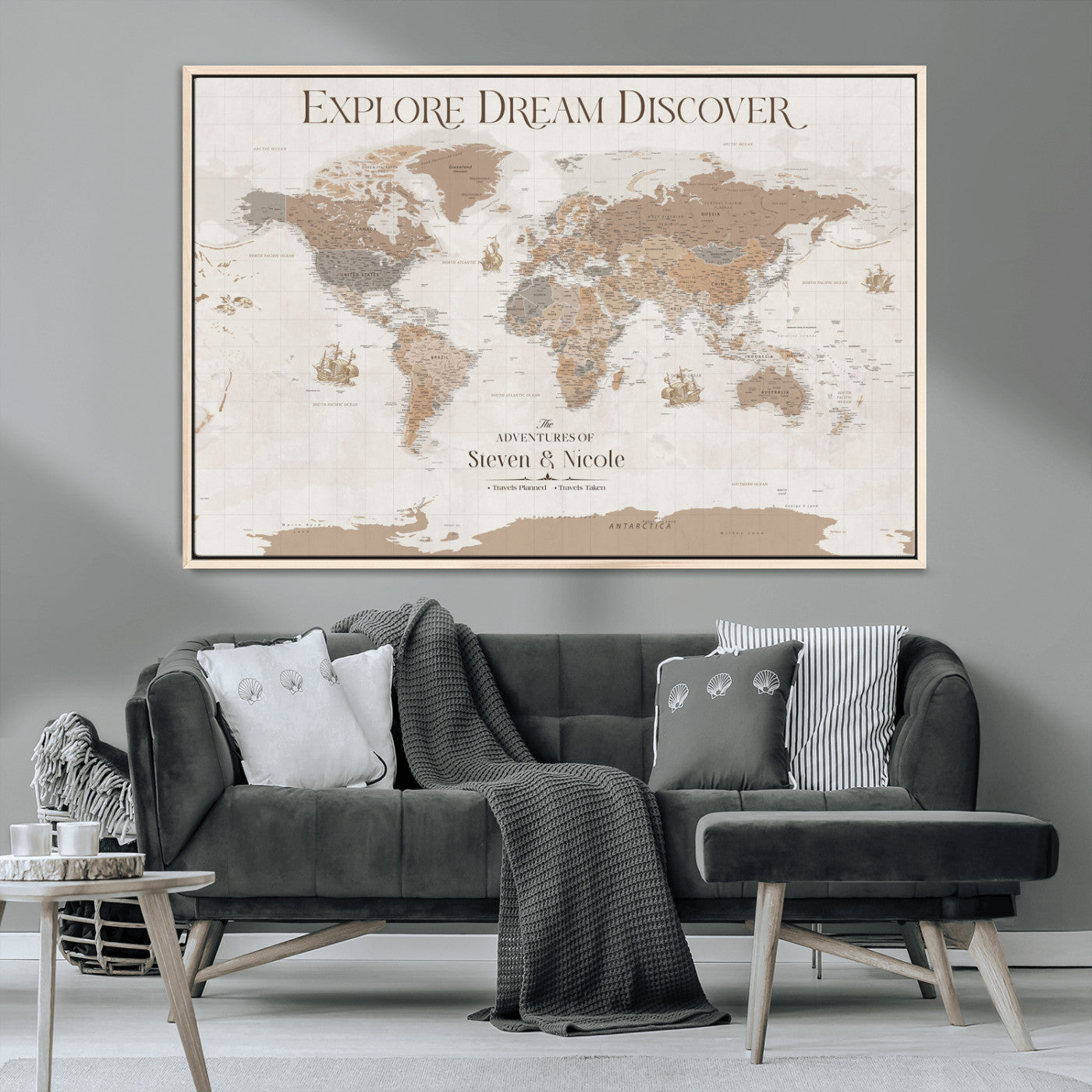 56148717-MGV-CV-36X24-Personalized World Map Wall Art – Neutral Beige & Brown Vintage Adventure Travel Map with Custom Couple Names, Classic Wall Decor