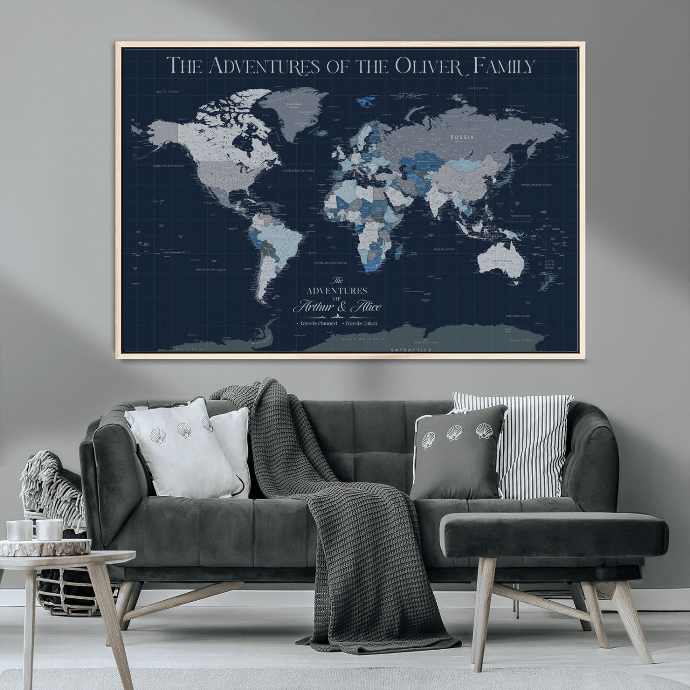 76726424-MGV-CV-36X24-Personalized World Map Wall Art – Navy Blue & Grey Adventure Travel Map with Custom Family or Couple Names, Modern Wall Decor for