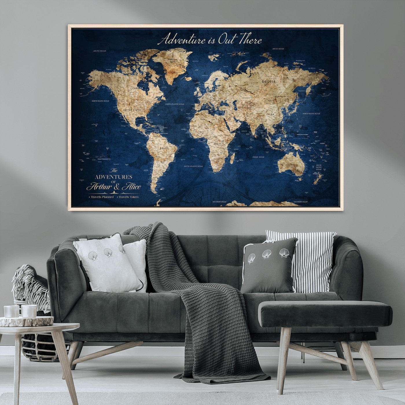 71052542-MGV-CV-36X24-Personalized World Map Wall Art – Rustic Navy Blue Adventure Travel Map with Custom Couple Names, Vintage Wall Decor for Home or