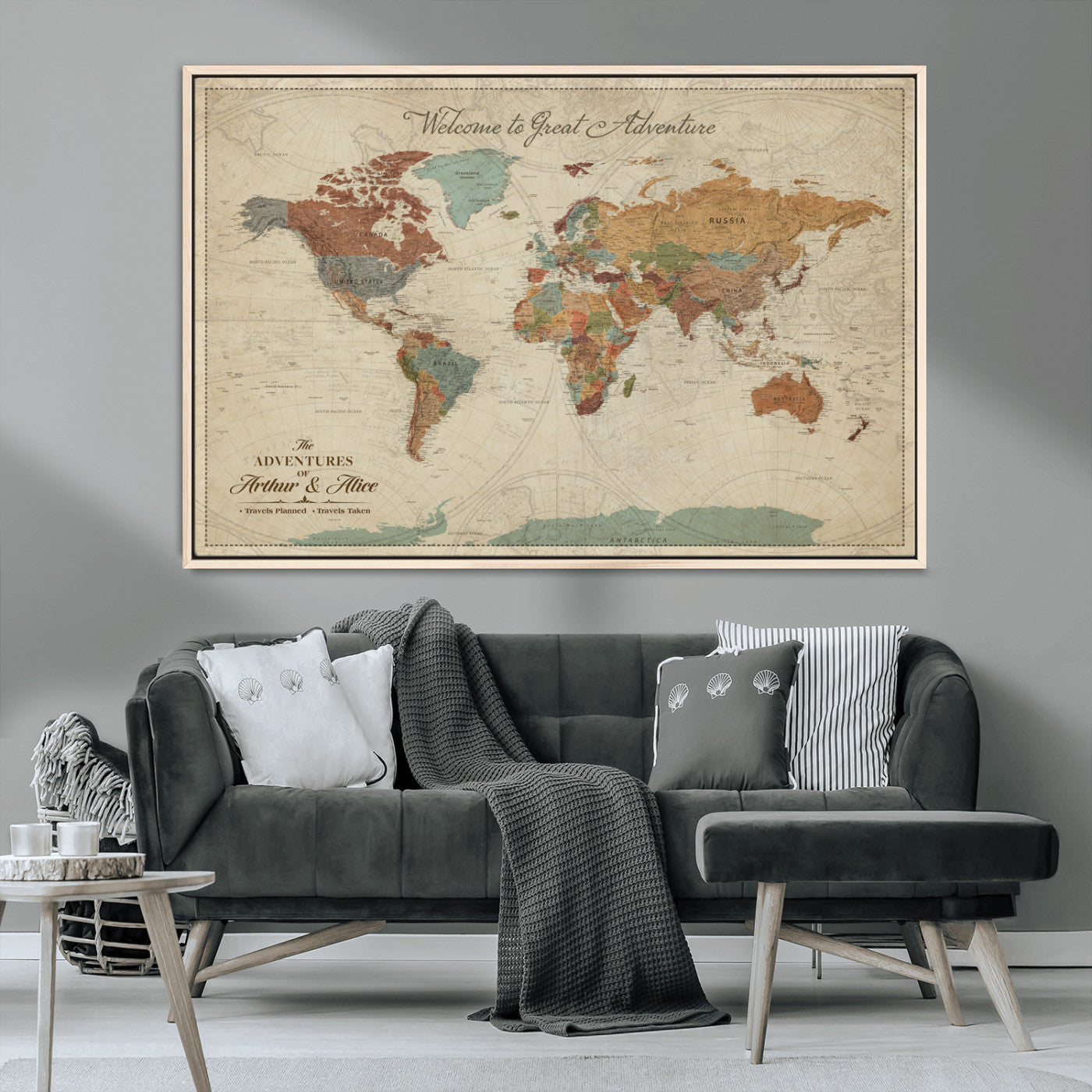 43497401-MGV-CV-36X24-Personalized World Map Wall Art – Vintage Rustic Adventure Travel Map with Custom Couple Names, Welcome to Great Adventure Wall
