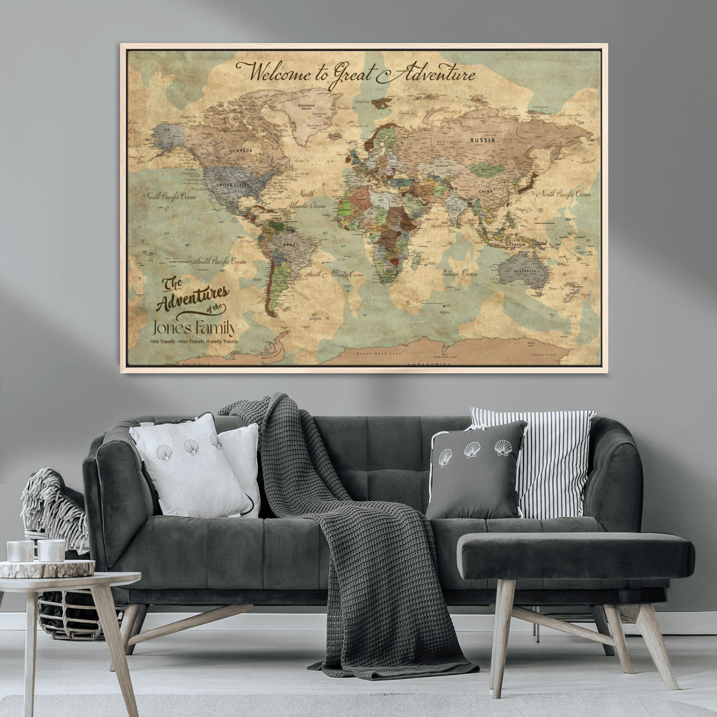 32019746-MGV-CV-36X24-Personalized World Map Wall Art – Vintage Camo Adventure Travel Map with Custom Family Names, Rustic Wall Decor for Couples, Home