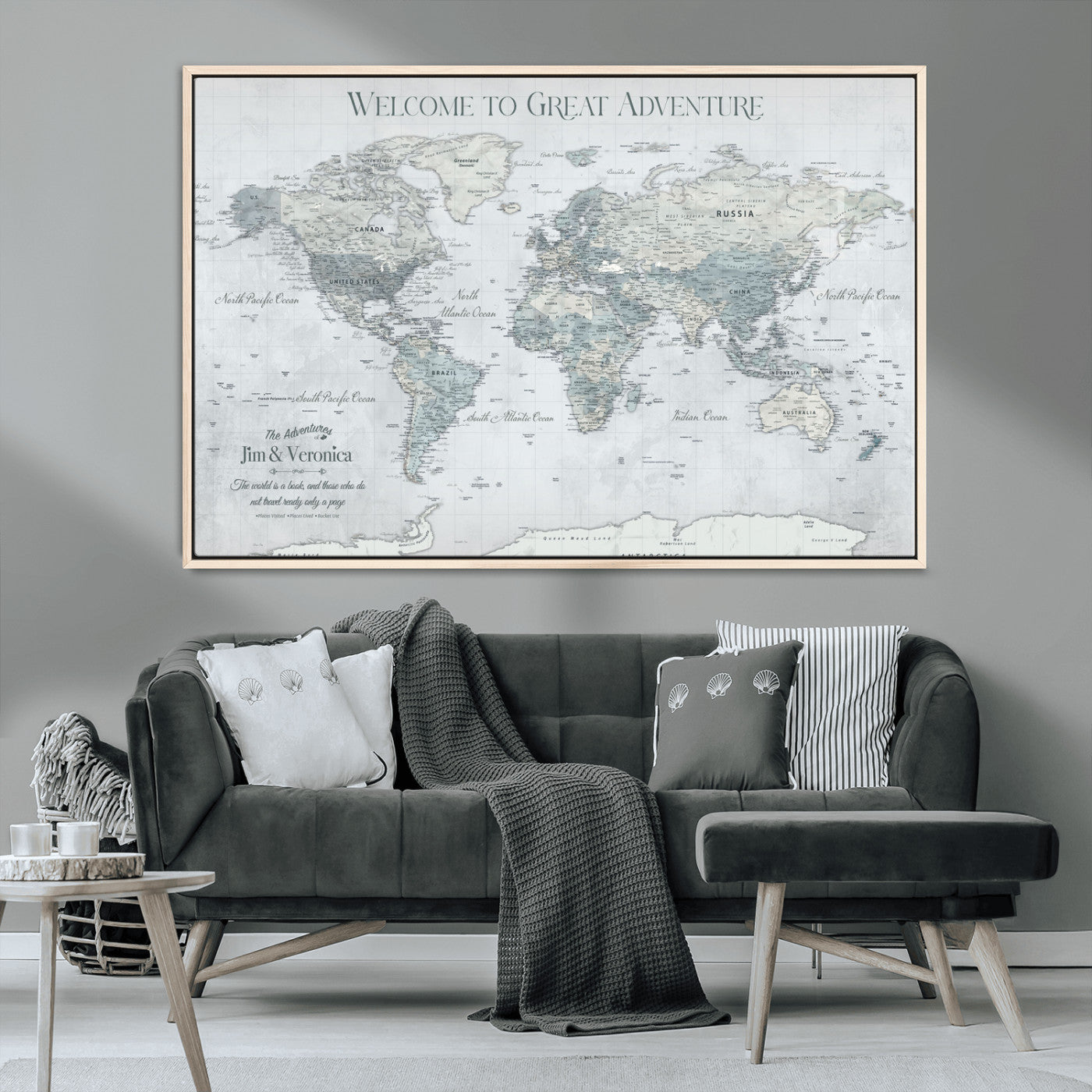 70605050-MGV-CV-36X24-Personalized World Map Wall Art – Cool Gray Adventure Travel Map with Custom Names, Elegant Push Pin Canvas for Couples, Family