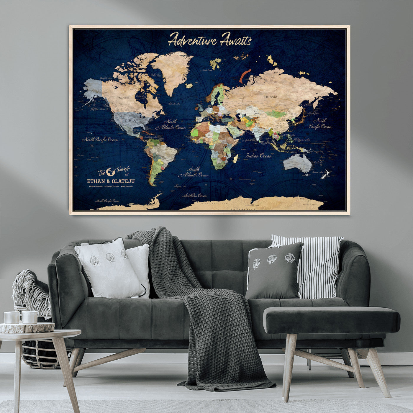 80965072-MGV-CV-36X24-Personalized World Map Wall Art – Adventure Awaits Navy Blue Travel Map with Custom Names, Rustic Vintage Wall Decor for Couples,