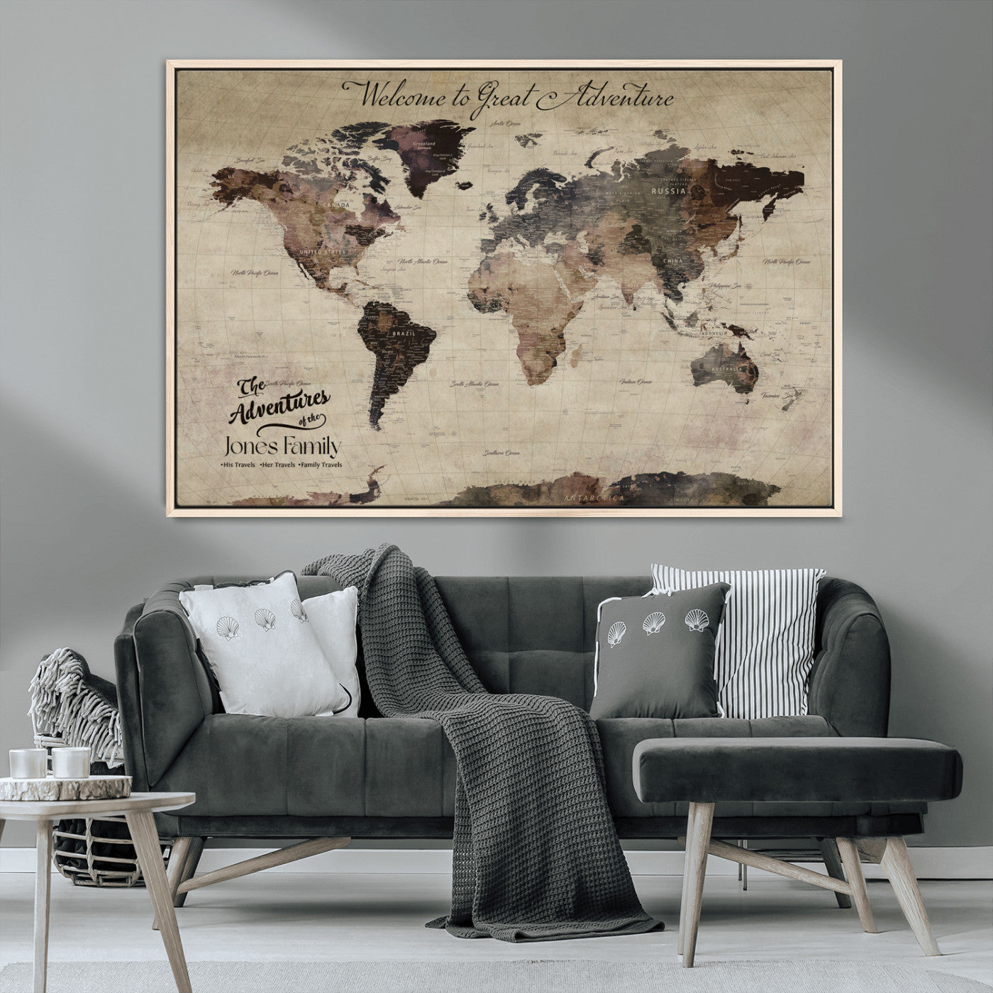 78610079-MGV-CV-36X24-Personalized World Map Wall Art – Vintage Rustic Travel Map with Custom Family Name, Adventure Wall Decor for Home, Family Gift or
