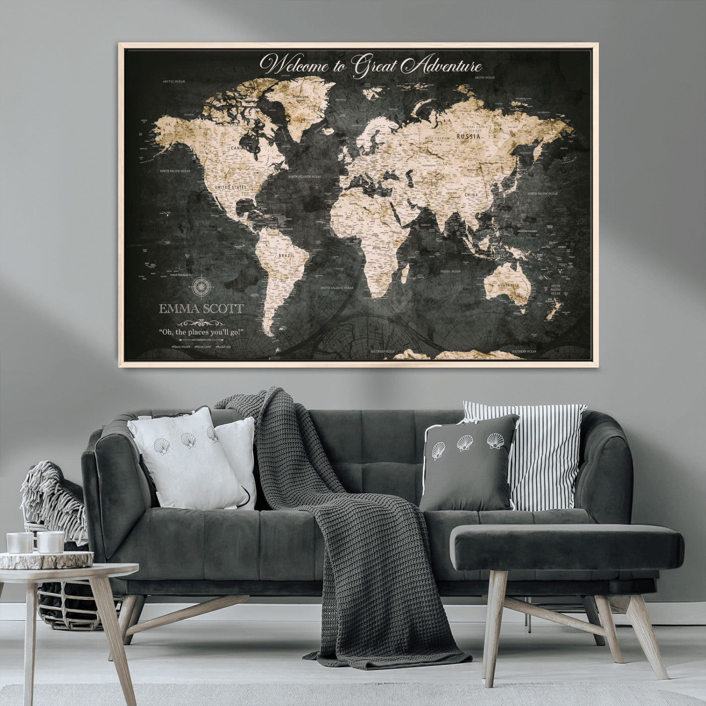 70534097-MGV-FC-36X24_Natural-Personalized World Map Wall Art – Dark Vintage Adventure Style Travel Map with Custom Names, Unique Wall Decor for Couples, Home