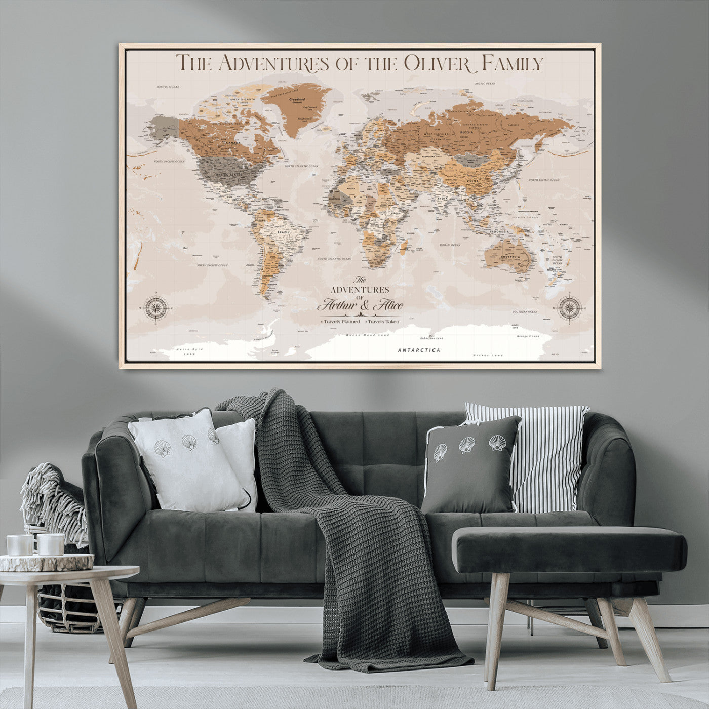 34289723-MGV-CV-36X24-Personalized World Map Wall Art – Elegant Beige and Brown Adventure Map Canvas Print for Family Home, Living Room, Study or Office