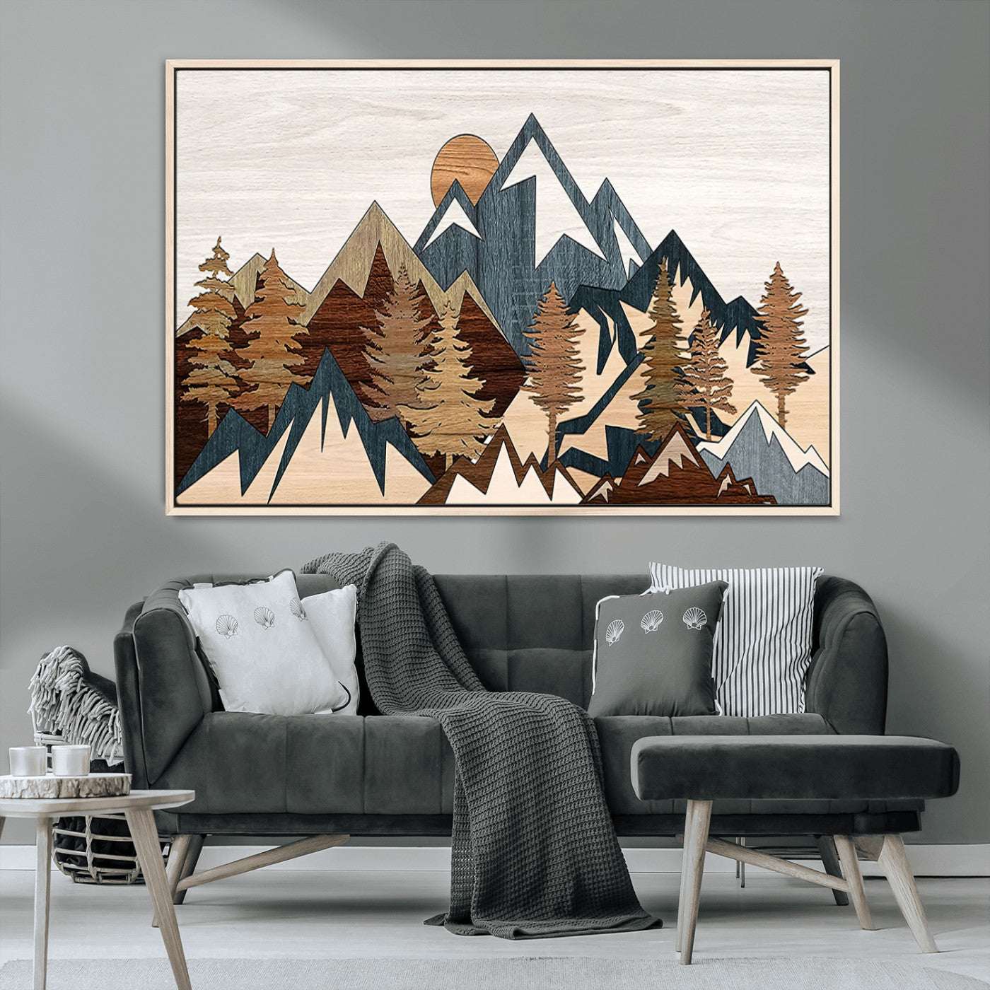 80300-MGV-CV-36X24-Geometric Mountains Wall Art Canvas Print, Framed Stylized Trees Art Picture Print, Graphic Forest Perfect Rustic Abstract Decor
