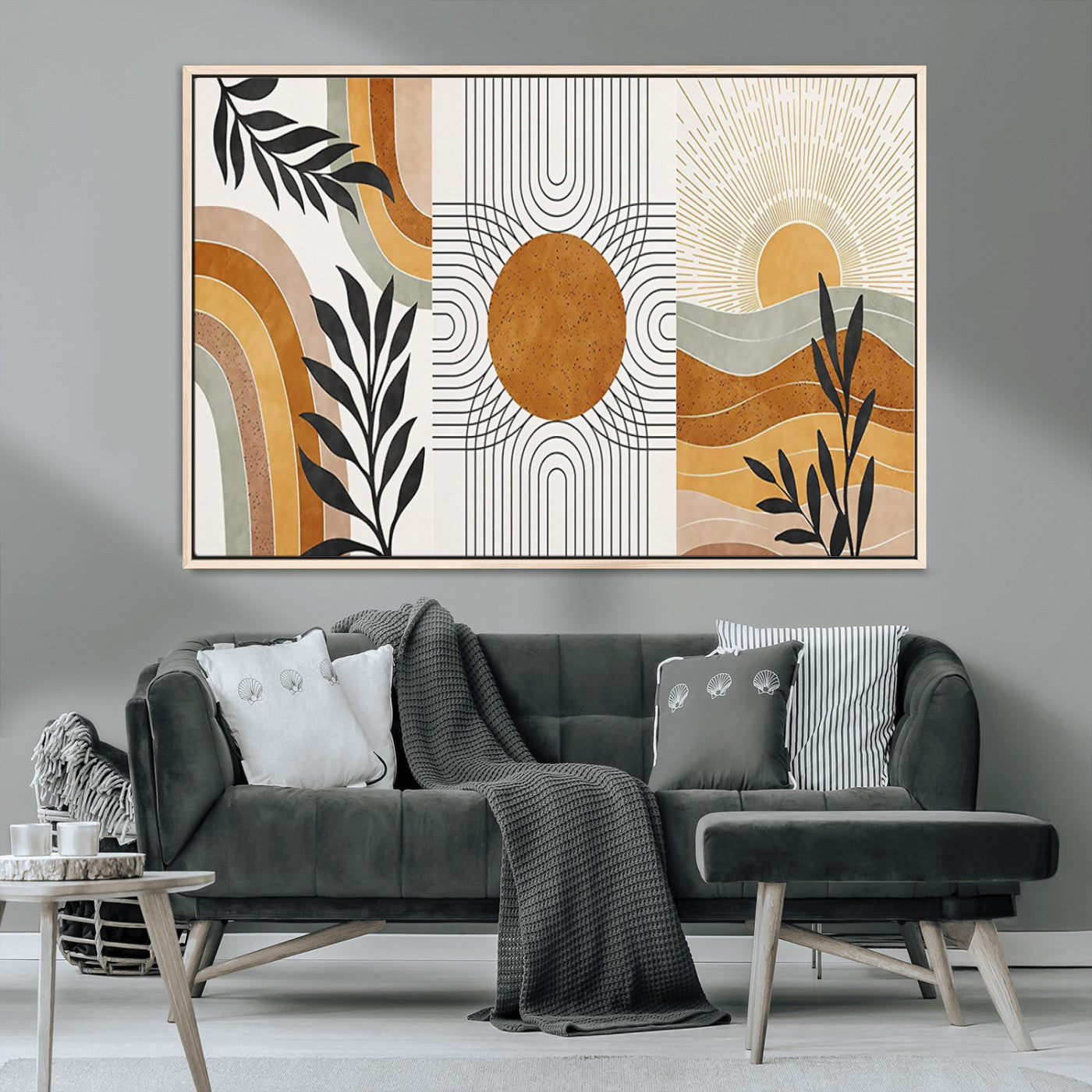 32359-MGV-CV-36X24-Modern Sun Wall Art Canvas Print, Framed Retro Horizon Art Picture Print, Sunburst Design Perfect Mid Century Boho Decor Artwork