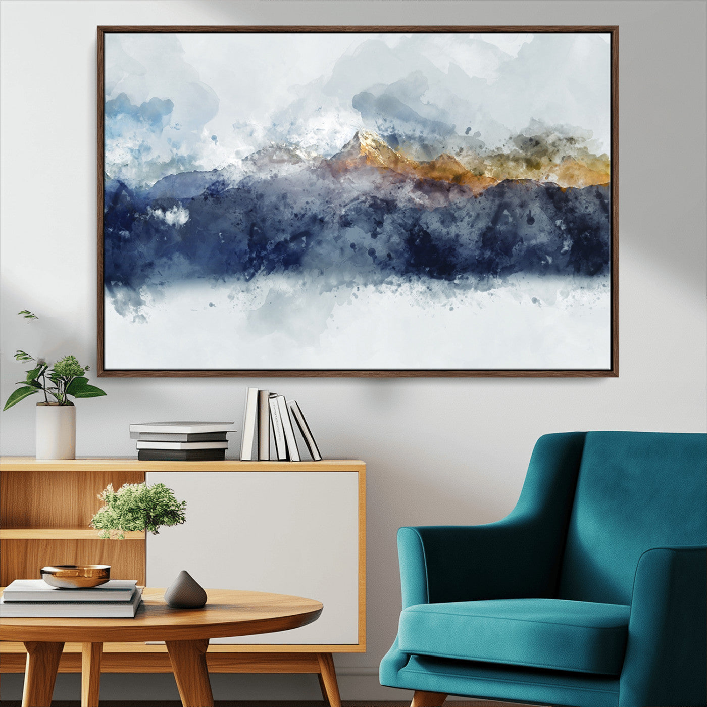 89149-MGV-CV-36X24-Abstract Mountain Wall Art – Watercolor Landscape Canvas Print with Blue and Orange Tones, Modern Nature Decor for Living Room or