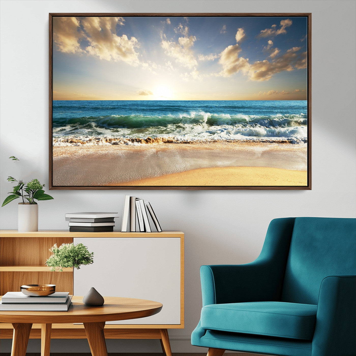 13139-MGV-CV-36X24-Sunrise Beach Wall Art – Ocean Waves and Golden Sand Canvas Print, Coastal Home Decor for Living Room, Bedroom, or Office