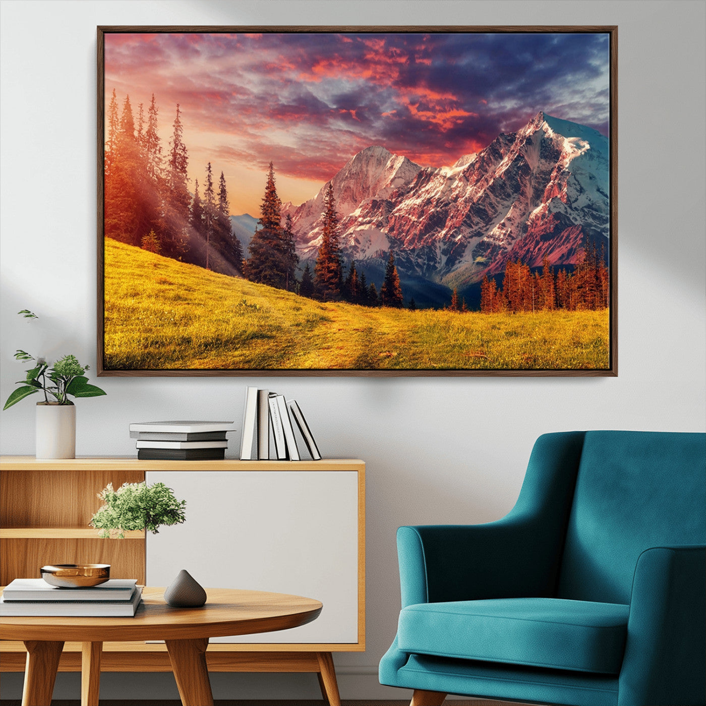 83947-MGV-CV-36X24-Sunset Mountain Landscape Wall Art – Panoramic Alpine Meadow and Snow Capped Peaks Canvas Print, Nature Scenic Decor for Home,