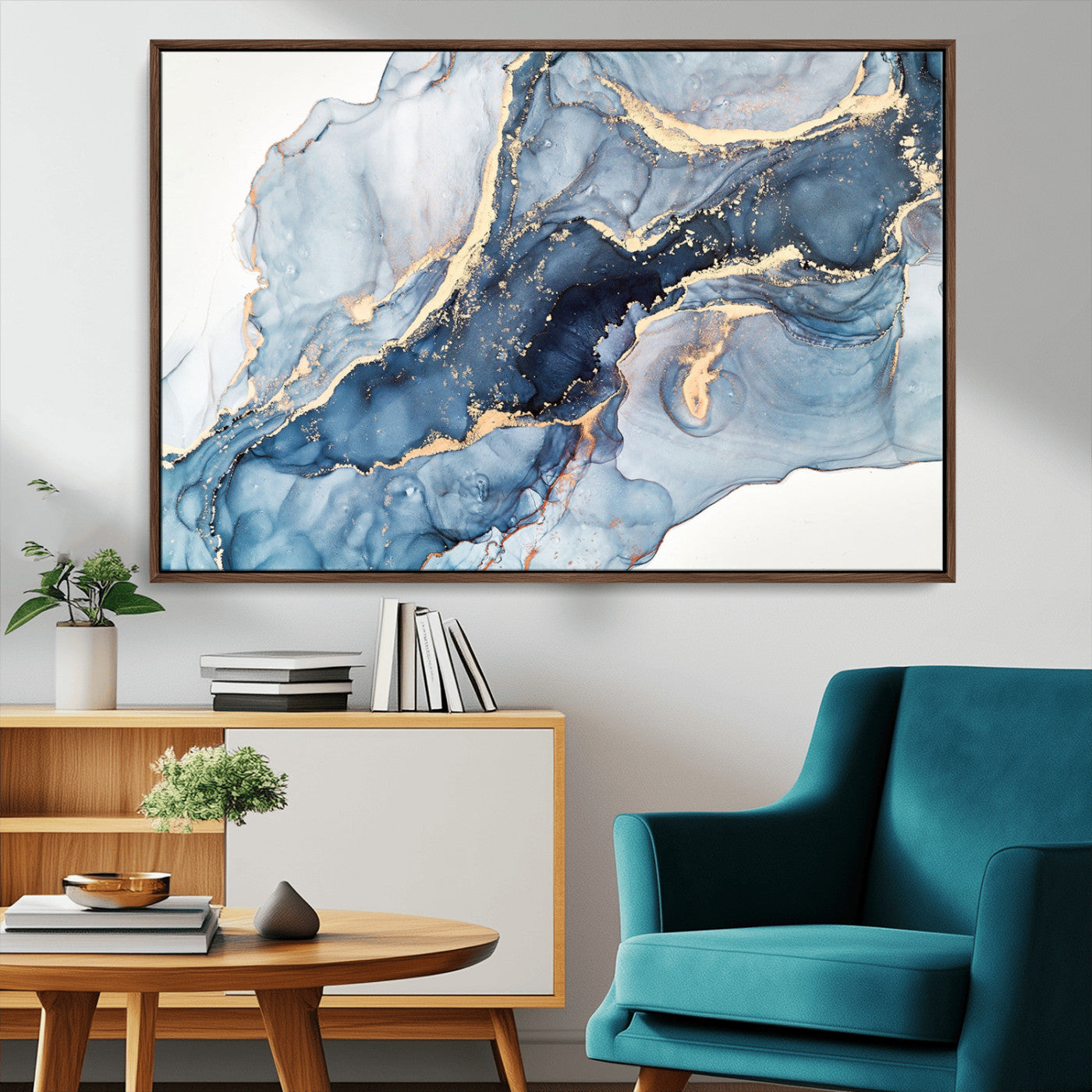 33782-MGV-CV-36X24-Abstract Marble Wall Art – Blue & Gold Fluid Painting Canvas Print, Modern Home Decor for Living Room, Bedroom or Office