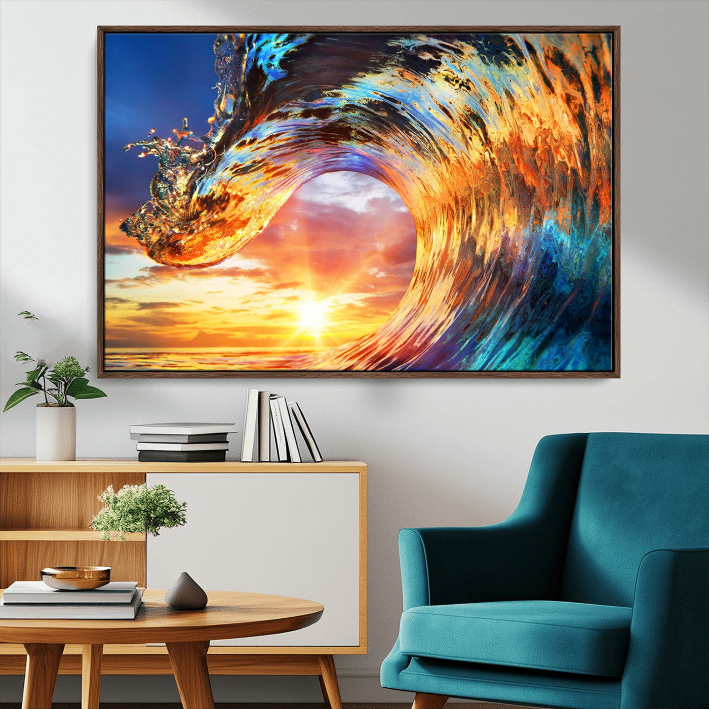 52890-MGV-CV-36X24-Surfing Wave Wall Art Canvas Print, Framed Sunset Ocean Art Picture Print, Ocean Wave Perfect Nautical Decor Artwork
