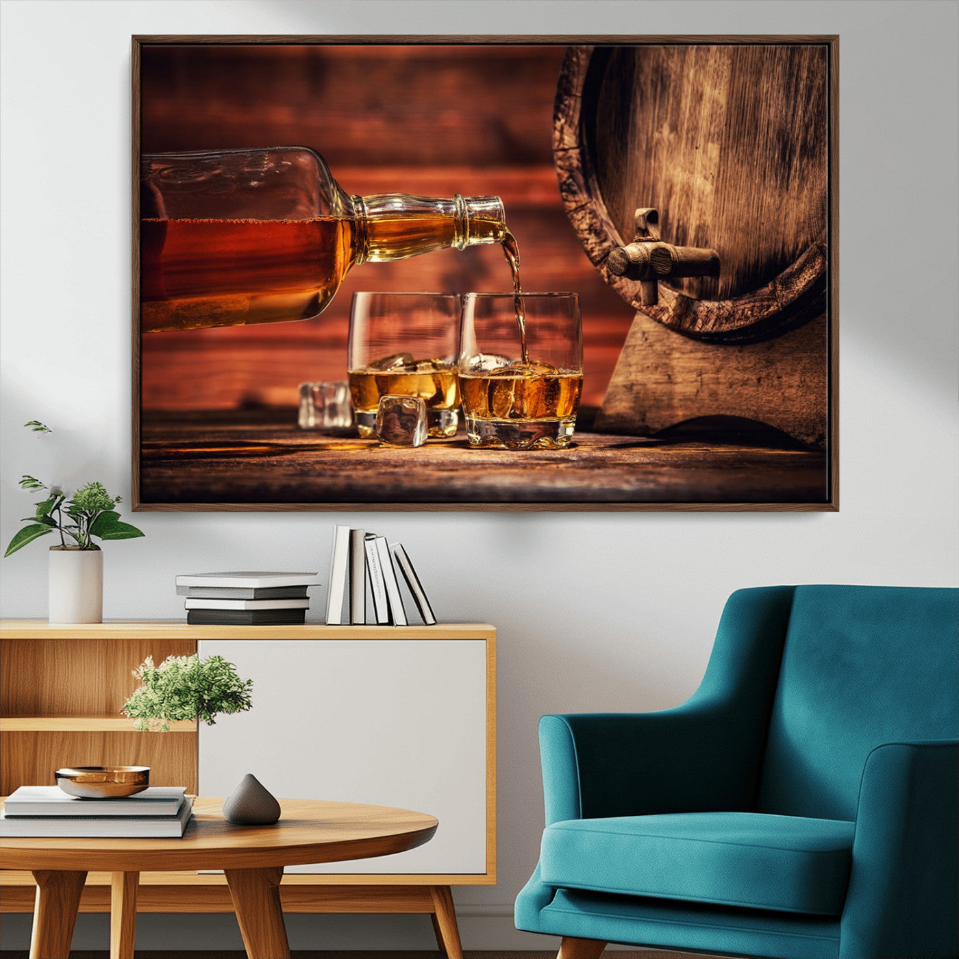 21266-MGV-CV-36X24-Pouring Whiskey into Glasses with Ice – Rustic Wooden Barrel Background, Warm Ambient Lighting, Ideal Decor for Home or Office