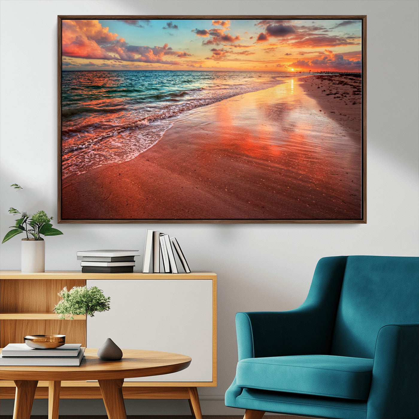 77723-MGV-FC-36X24_Walnut-Sunset Beach Wall Art – Vibrant Ocean Waves and Golden Horizon Canvas Print, Coastal Seascape Photography Home Decor