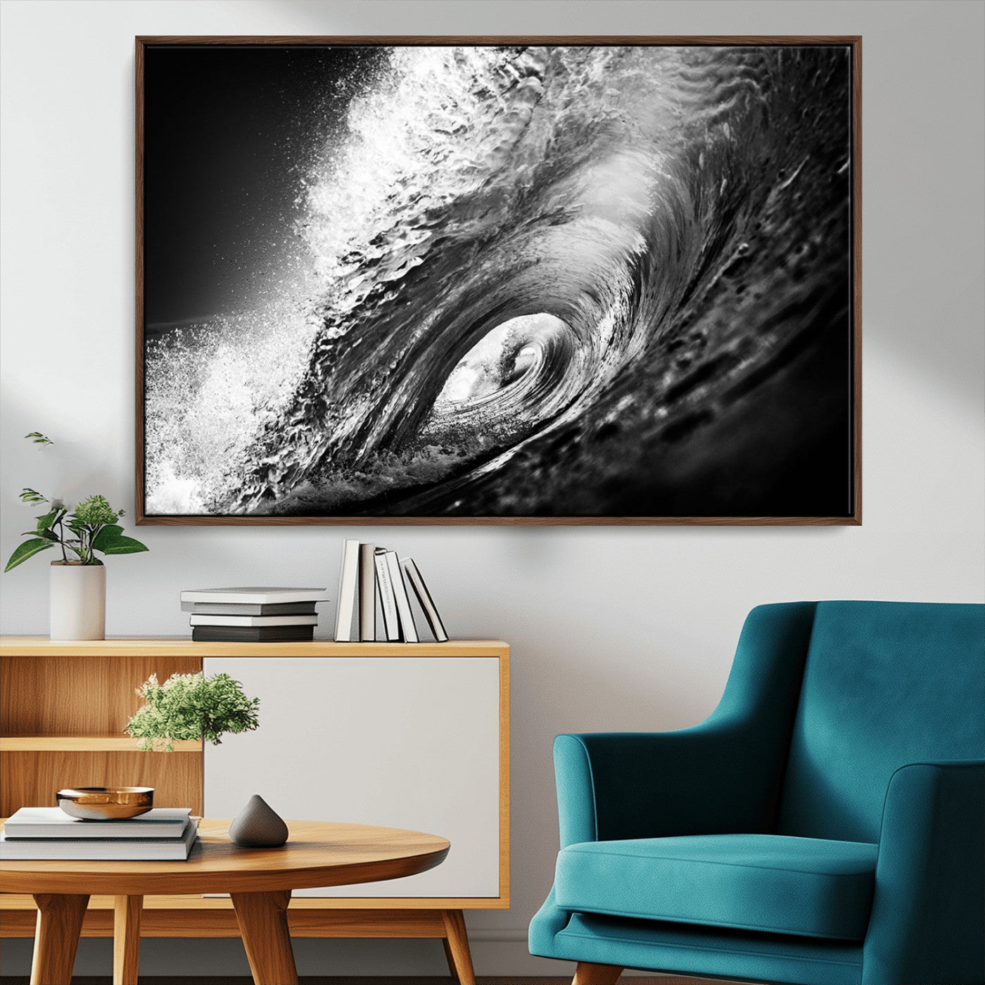 22702-MGV-FC-36X24_Walnut-Black and White Ocean Wave Wall Art – Powerful Surf Curl Photography Canvas Print, Modern Coastal Decor for Living Room, Office or