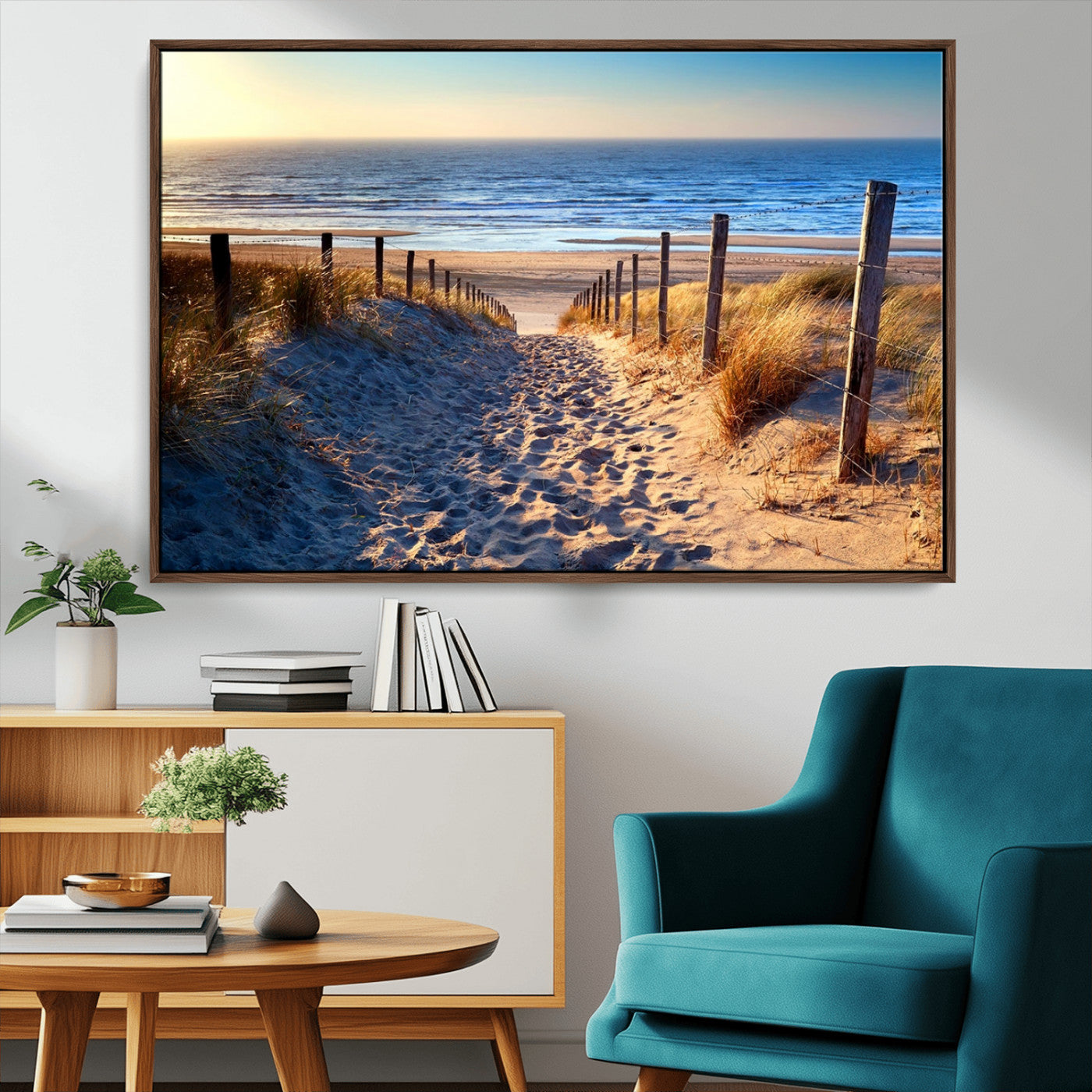 31889-MGV-FC-36X24_Walnut-Sandy Beach Pathway Wall Art – Coastal Dune Fence and Ocean View Canvas Print, Relaxing Seaside Landscape Decor for Living Room or