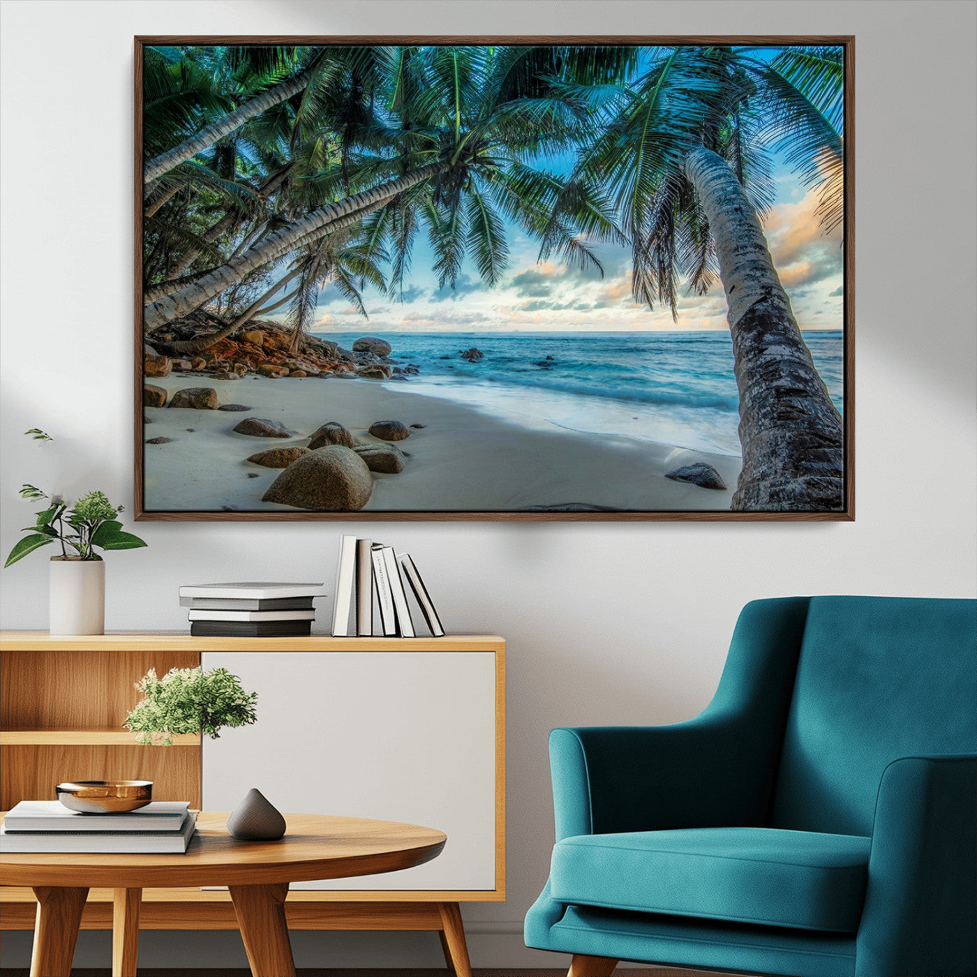 39679-MGV-FC-36X24_Walnut-Tropical Palm Beach Wall Art – Serene Ocean Canvas Print with Palm Trees and Rocks, Coastal Paradise Decor for Living Room or
