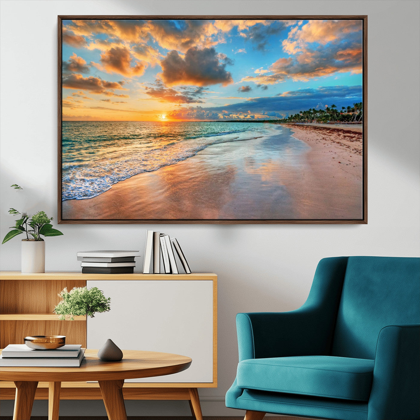 41572-MGV-FC-36X24_Walnut-Sunset Beach Wall Art – Ocean Waves and Palm Trees Canvas Print, Tropical Coastal Sunset Seascape Decor for Living Room, Bedroom