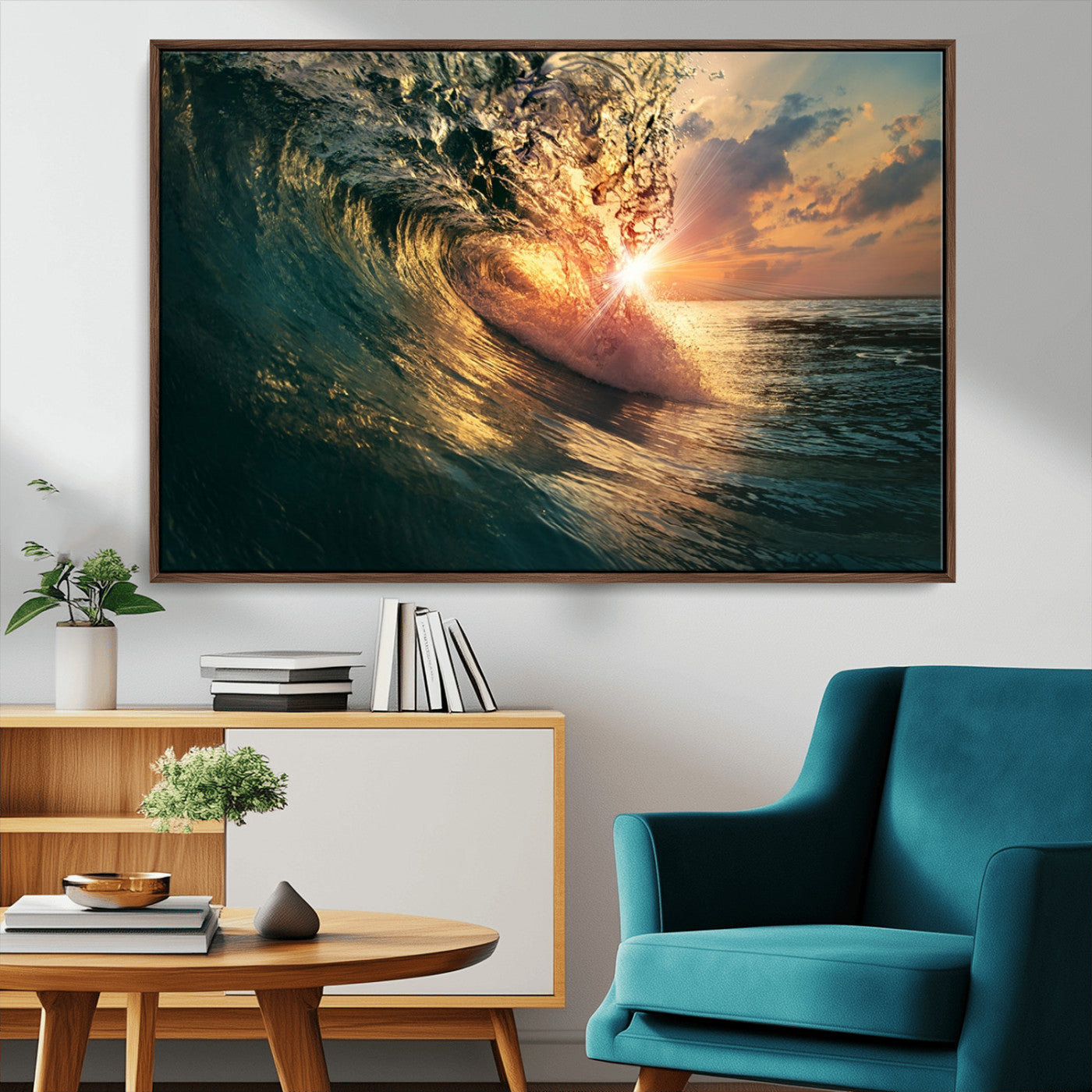 55359-MGV-FC-36X24_Walnut-Radiant Ocean Wave Wall Art – Panoramic Surf Canvas Print, Vibrant Sunset Beach Decor for Home, Office or Man Cave