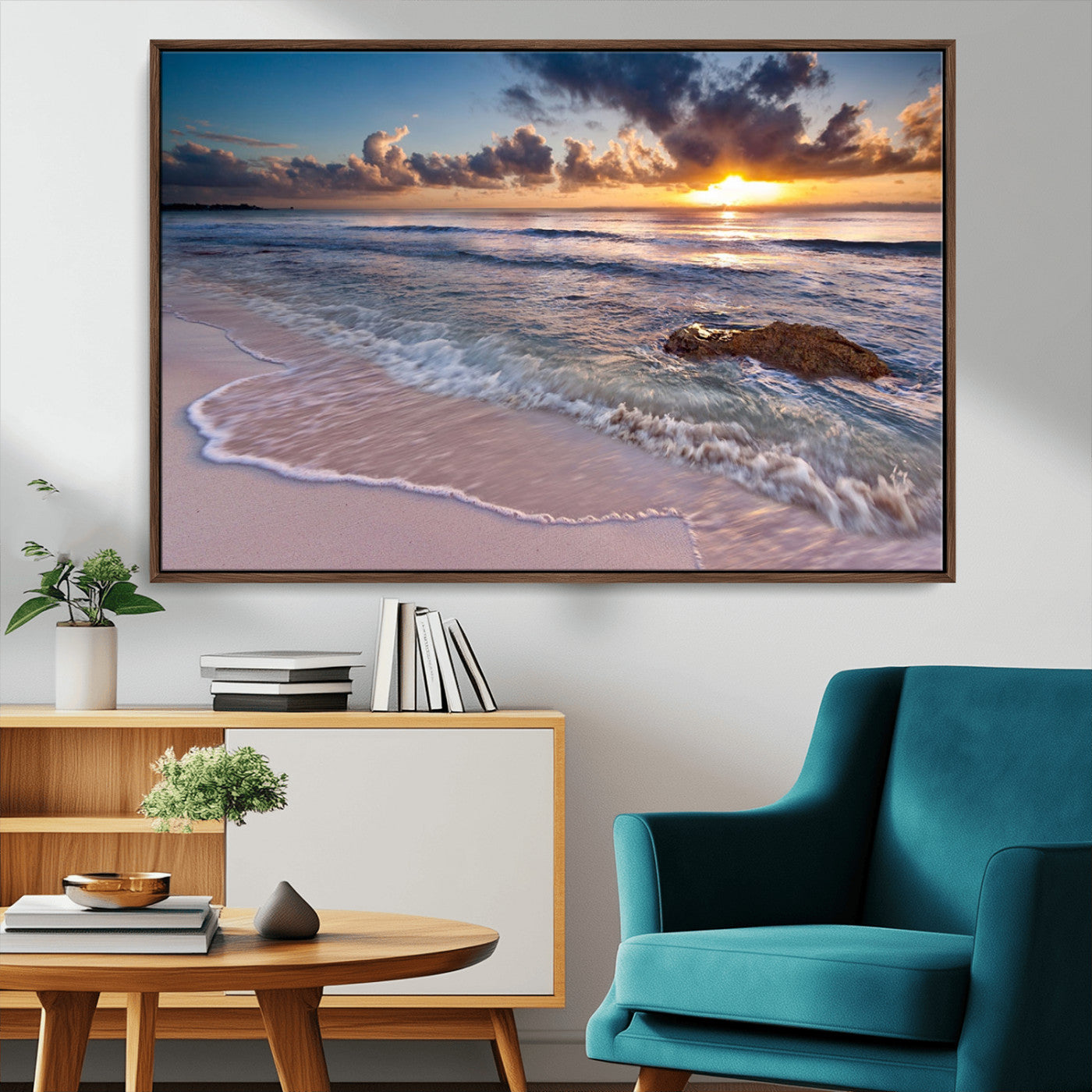94906-MGV-FC-36X24_Walnut-Sunrise Beach Wall Art – Panoramic Ocean Waves Canvas Print, Coastal Sunset Seascape Artwork for Living Room, Bedroom, or Office