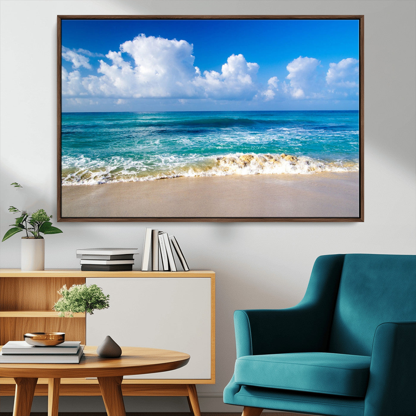 60364-MGV-FC-36X24_Walnut-Tropical Ocean Wave Wall Art – Serene Blue Sea and White Sand Beach Canvas Print, Coastal Landscape Decor for Living Room, Bedroom