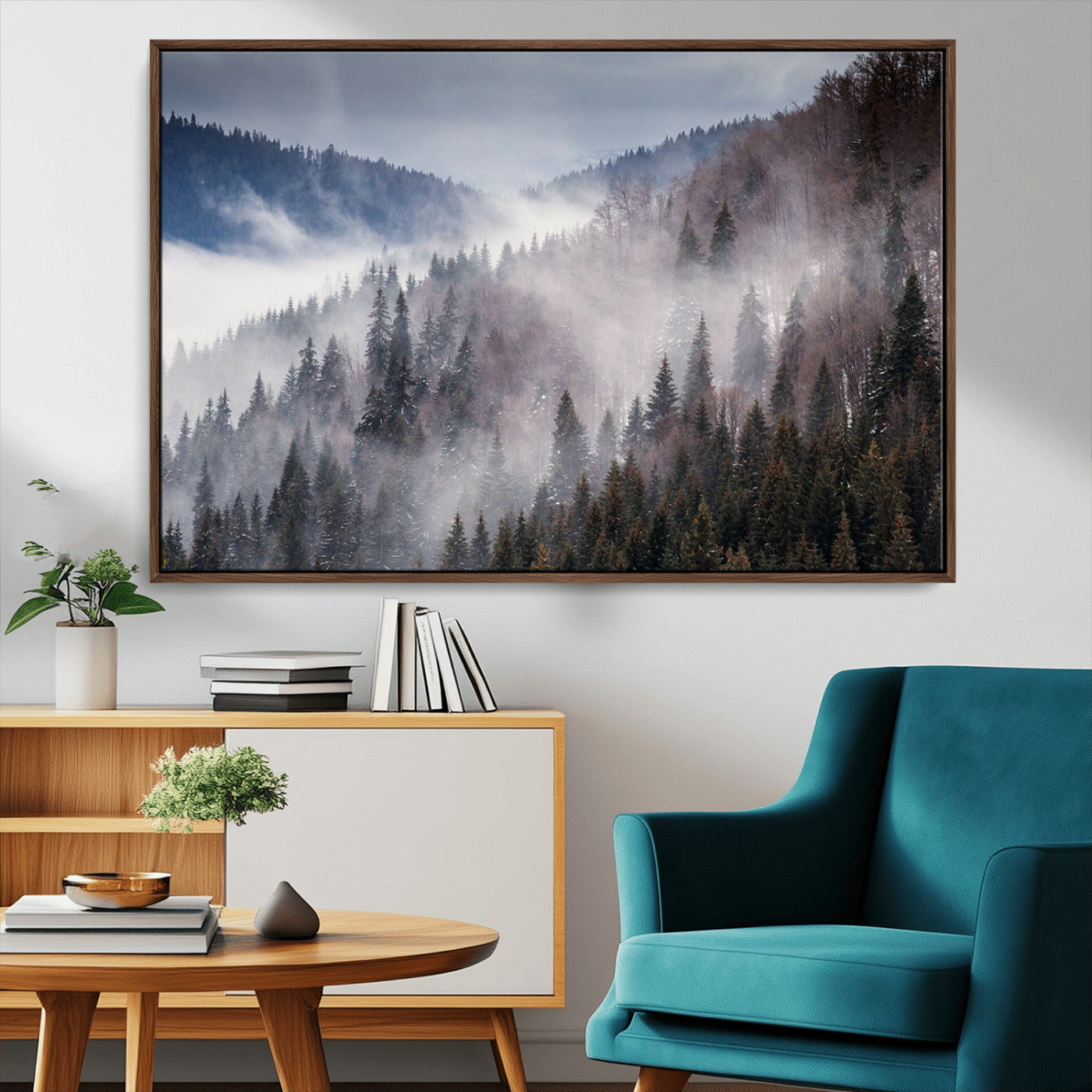 18459-MGV-CV-36X24-Misty Pine Forest Wall Art – Serene Mountain Landscape Canvas Print, Tranquil Nature Artwork for Living Room, Bedroom, Cabin or