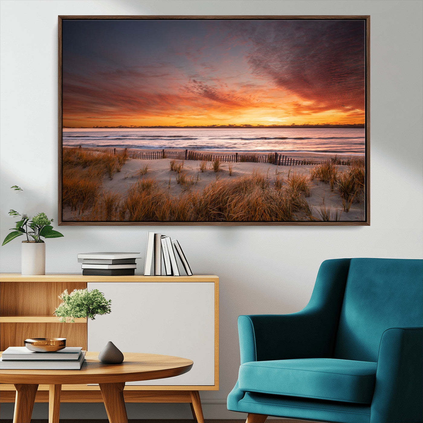 90176-MGV-FC-36X24_Walnut-Beach Sunset Wall Art – Coastal Sand Dune Canvas Print with Ocean Waves and Dramatic Sky, Seaside Landscape Decor for Living Room