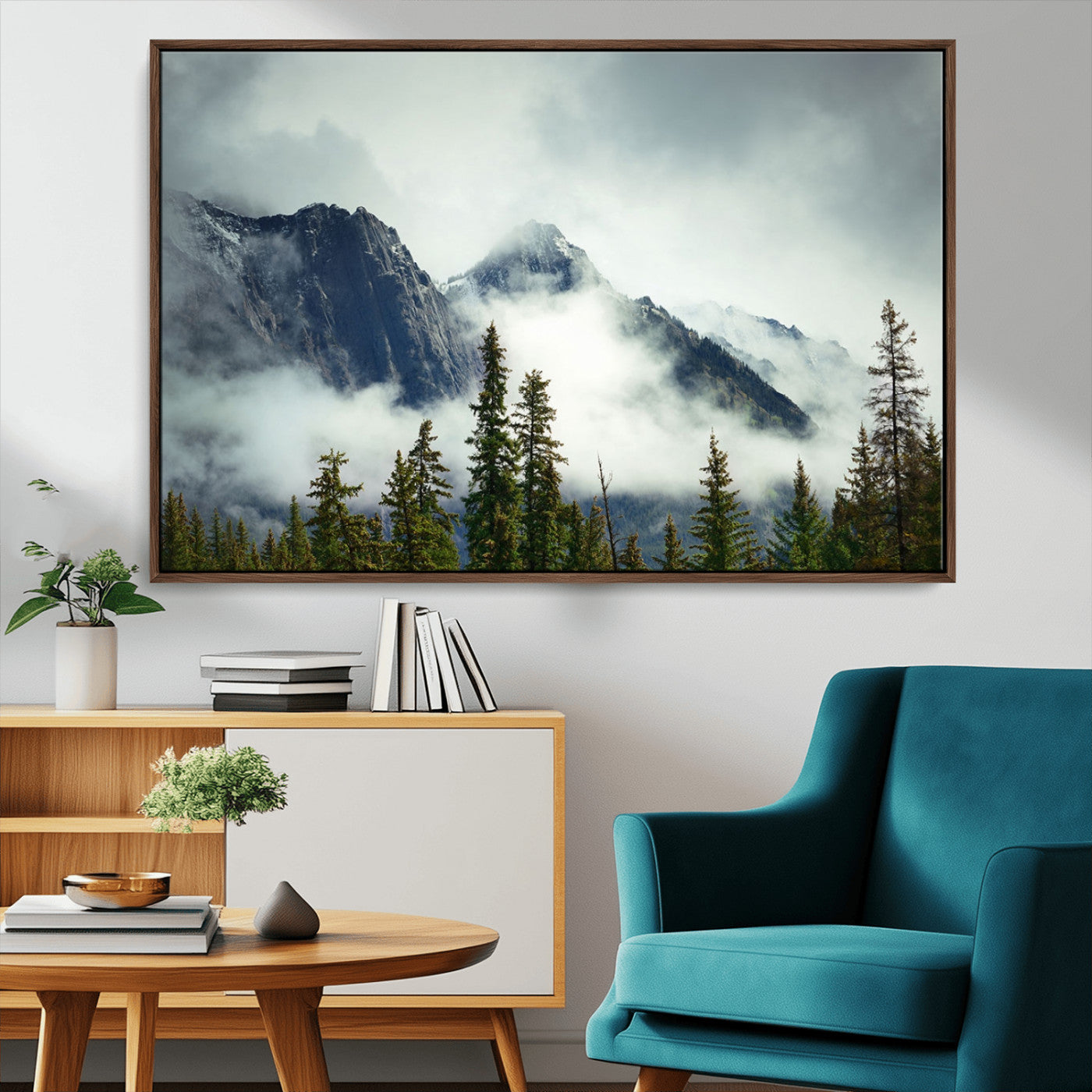 93219-MGV-CV-36X24-Misty Mountain Wall Art – Foggy Pines and Rocky Peaks Canvas Print, Nature Landscape Decor for Living Room, Office or Bedroom