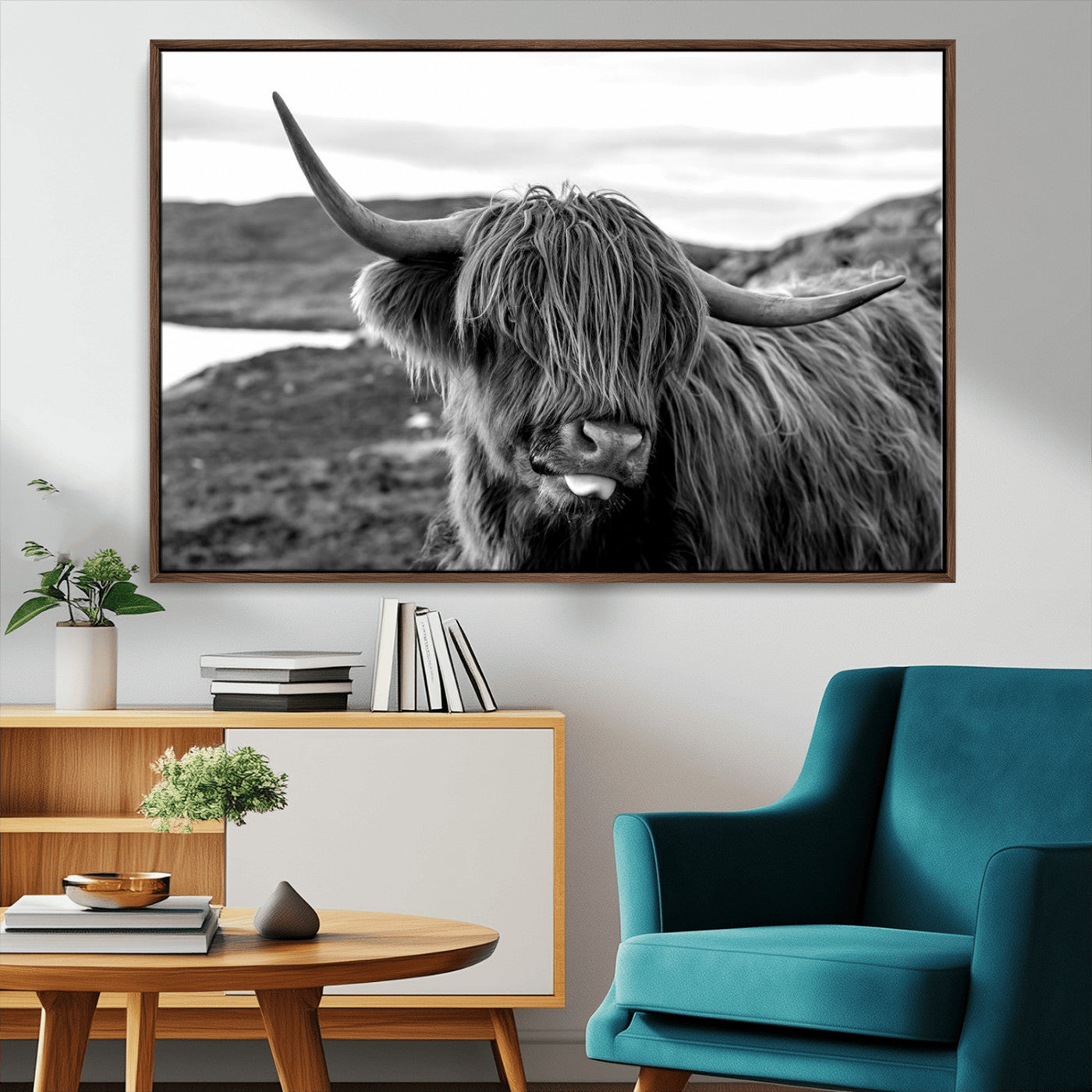 83810-MGV-FC-36X24_Walnut-Highland Cow Wall Art – Black and White Highland Cattle Print, Rustic Farmhouse Animal Decor for Living Room