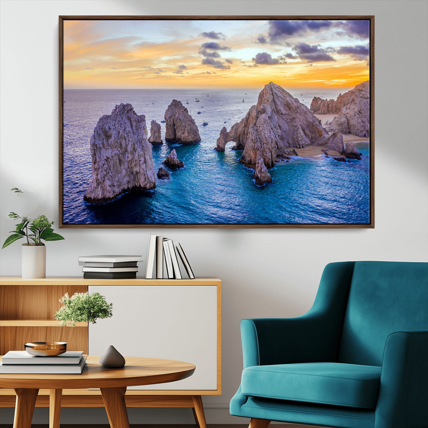 72955-MGV-FC-36X24_Walnut-Ocean Rock Formation Wall Art – Sunset Coastal Seascape Print, Beach Landscape Decor for Living Room or Office