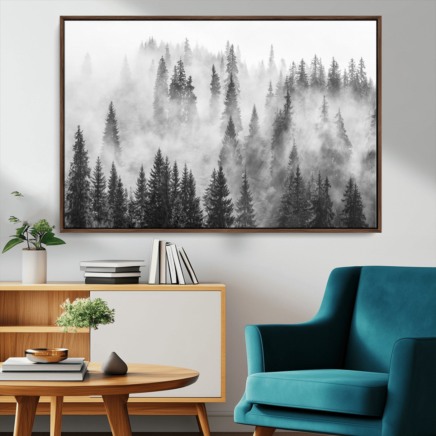 10422-MGV-FC-36X24_Walnut-Misty Pine Forest Wall Art – Black and White Foggy Landscape Canvas Print, Serene Nature Woodland Decor for Bedroom, Office or