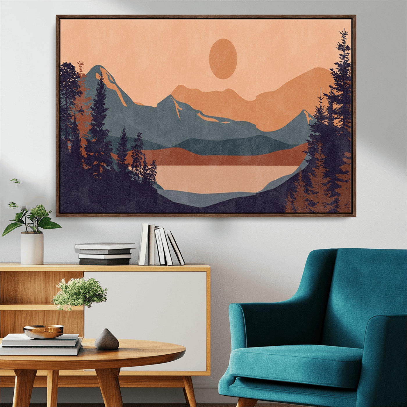 62795-MGV-FC-36X24_Walnut-Minimalist Mountain Landscape Wall Art – Abstract Sunset Over Peaks and Pine Trees Canvas Print, Modern Nature Decor for Living
