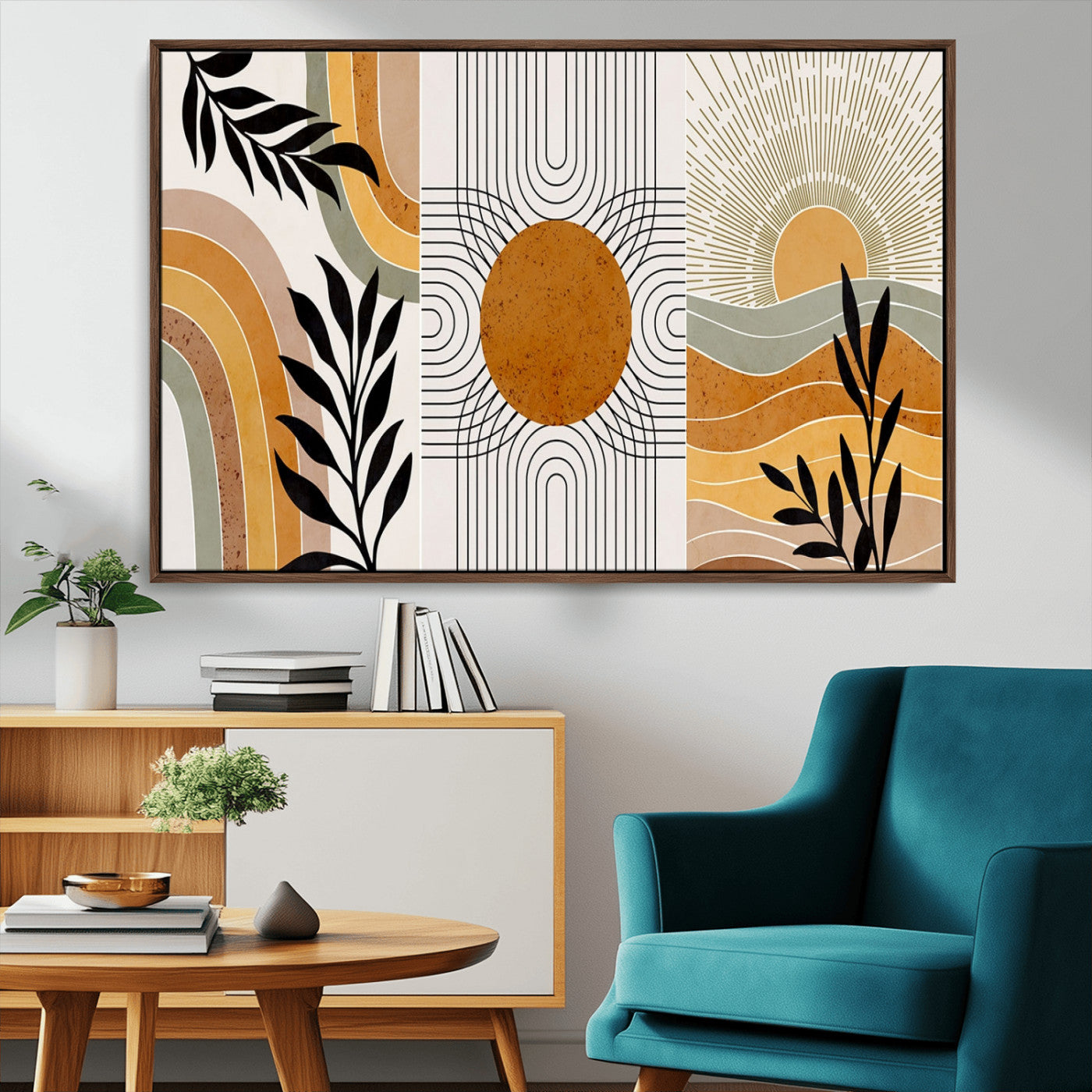 54028-MGV-CV-36X24-Boho Abstract Wall Art Set of 3 – Modern Geometric Sun, Rainbow and Botanical Canvas Prints in Earth Tone Colors for Living Room,