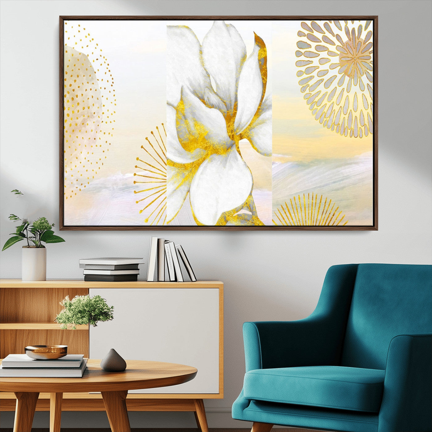82301-MGV-CV-36X24-Modern Floral Wall Art – White Flower with Gold Detailing Canvas Print, Elegant Abstract Artwork for Living Room, Bedroom, or